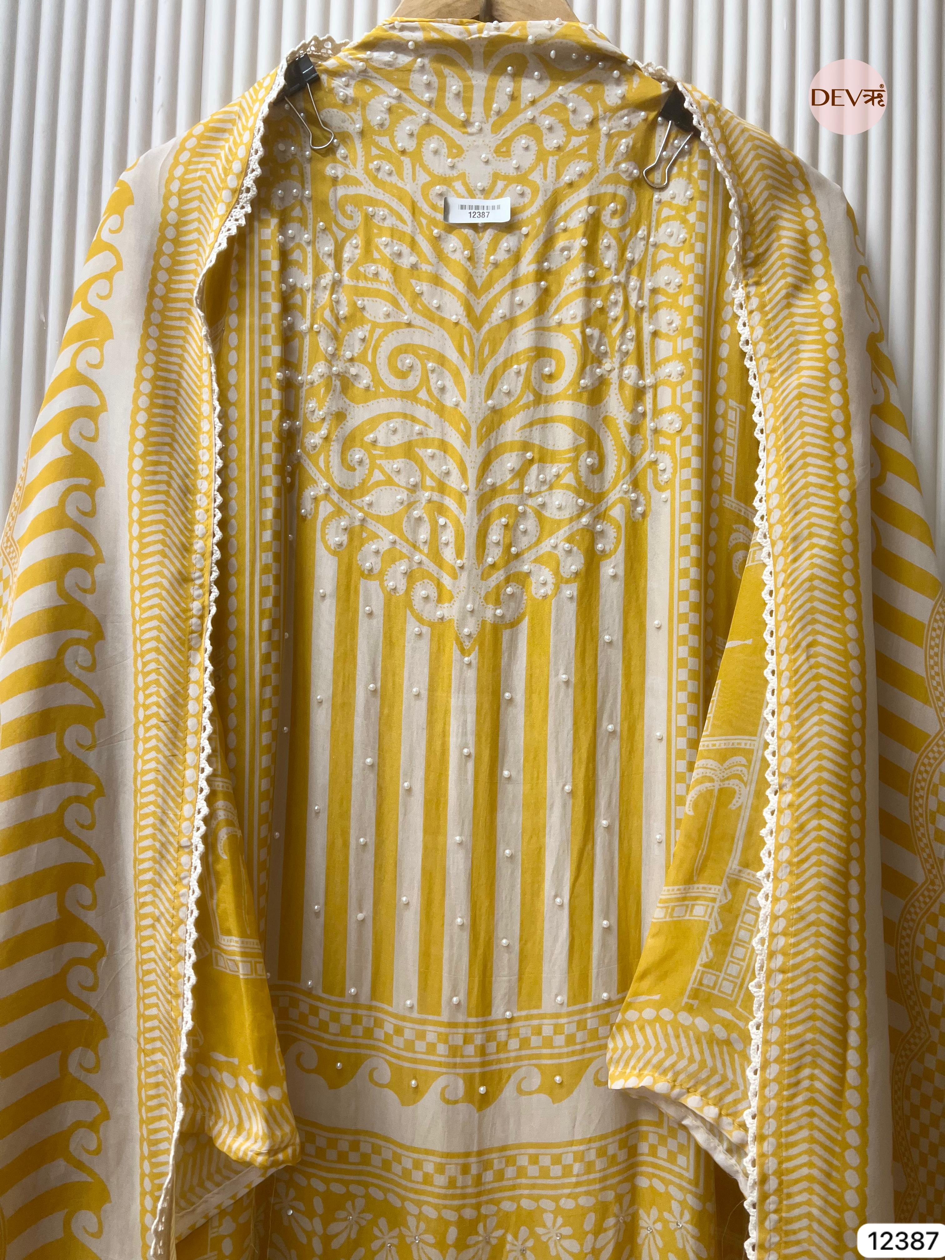 Pastel Yellow Organza Embroidered Unstitched 3-Piece Suit (Devri – D.No 12387)