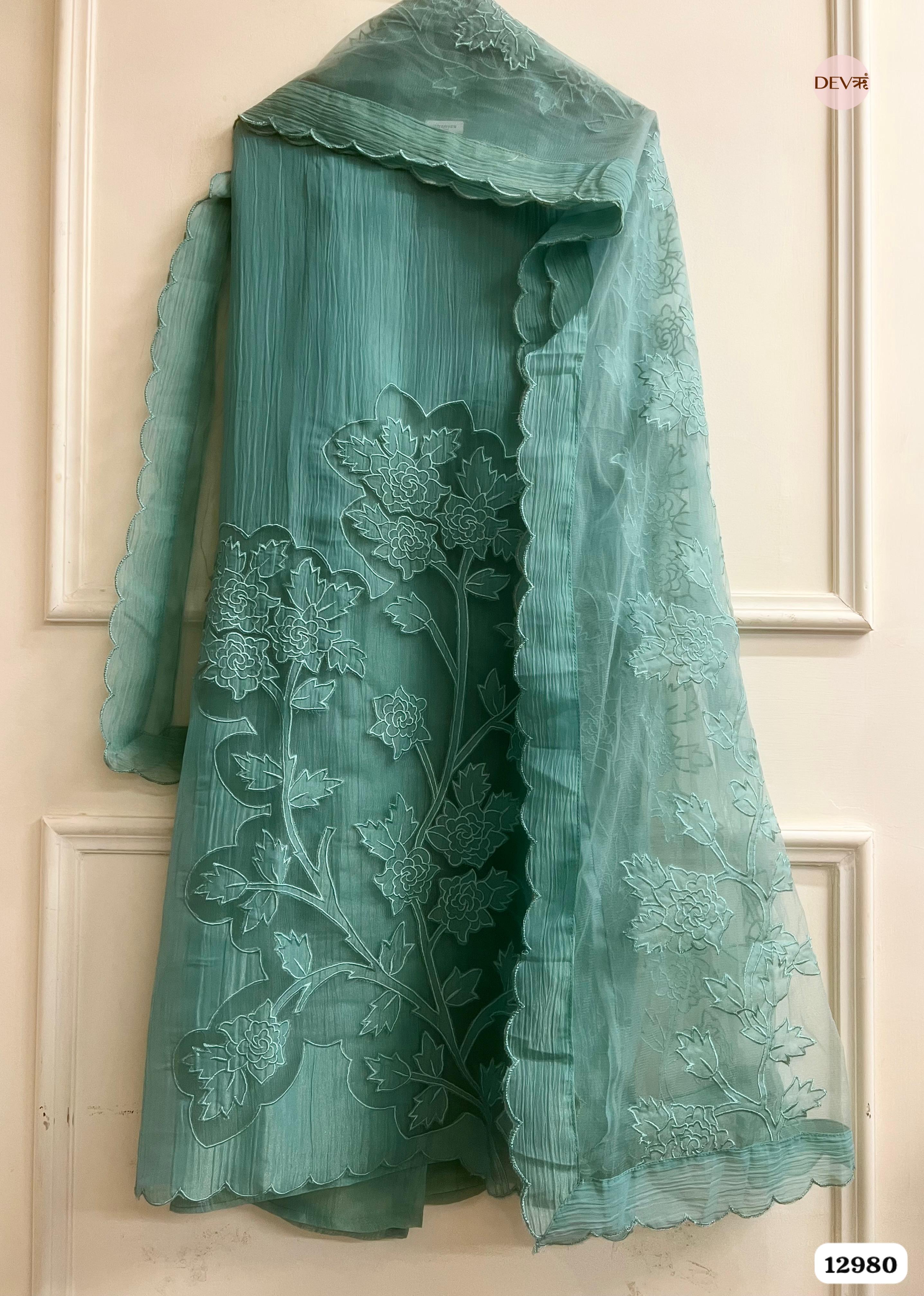 Sea Green Tissue Crush Embroidered Unstitched 3-Piece Suit (Devri – D.No 12980)
