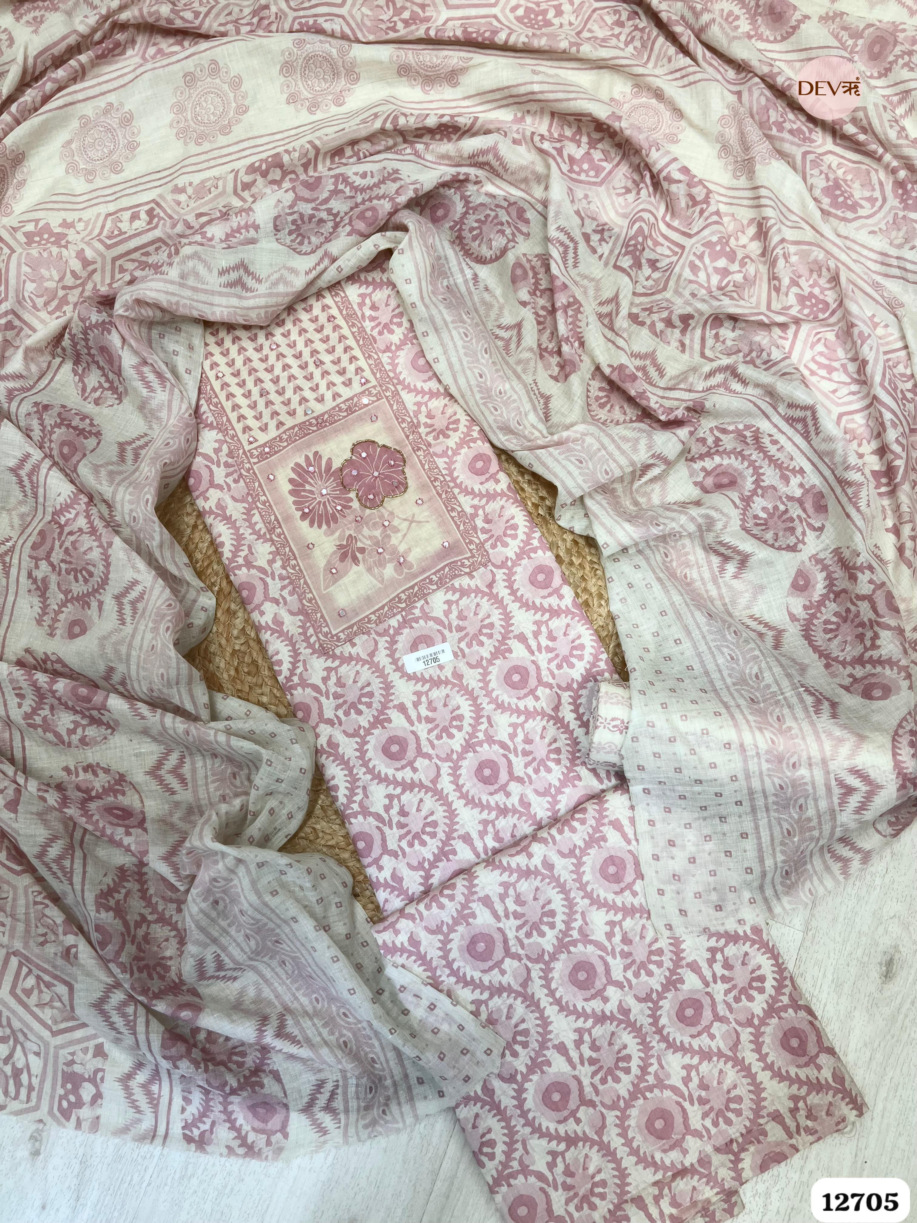 Pink Cotton Printed Unstitched 3-Piece Suit (Devri – D.No 12705)