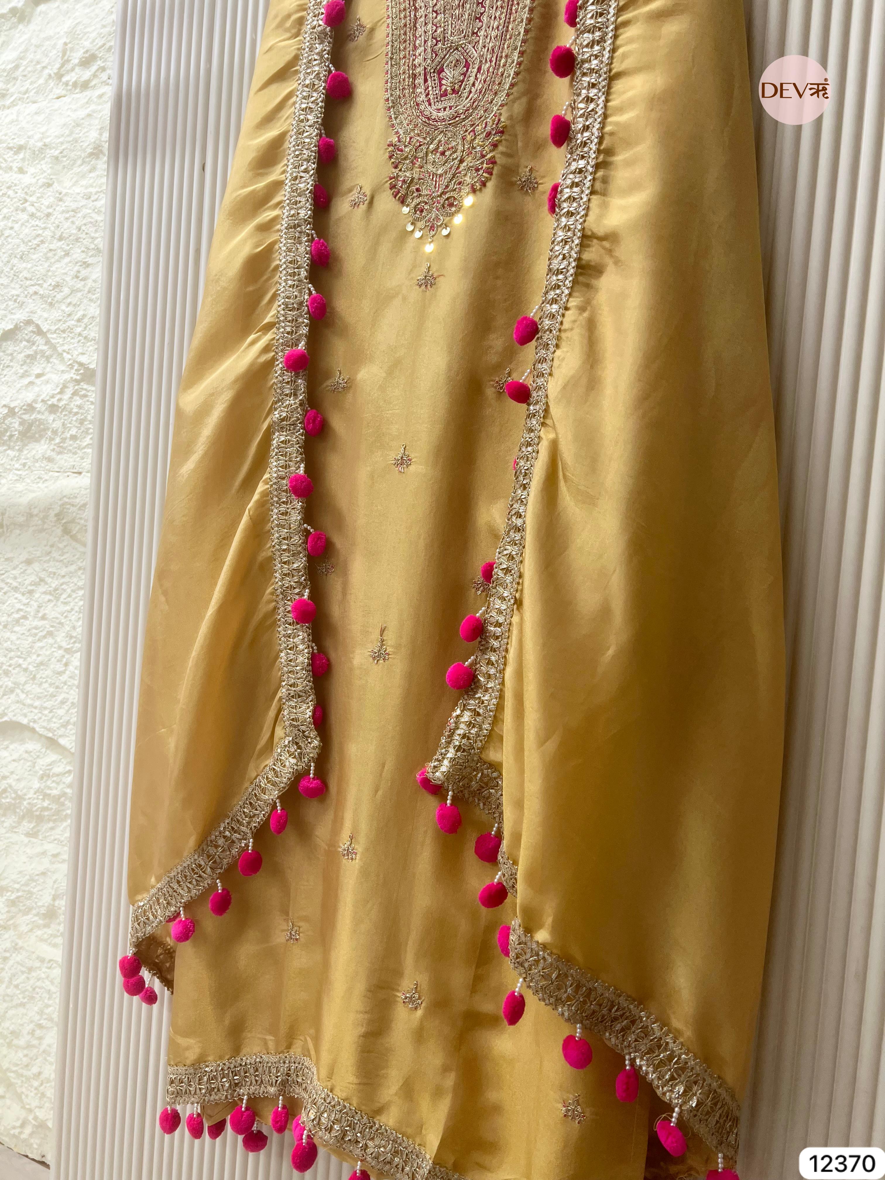 Golden Beige Shimmer Silk Embellished Unstitched 3-Piece Suit (Devri – D.No 12370)