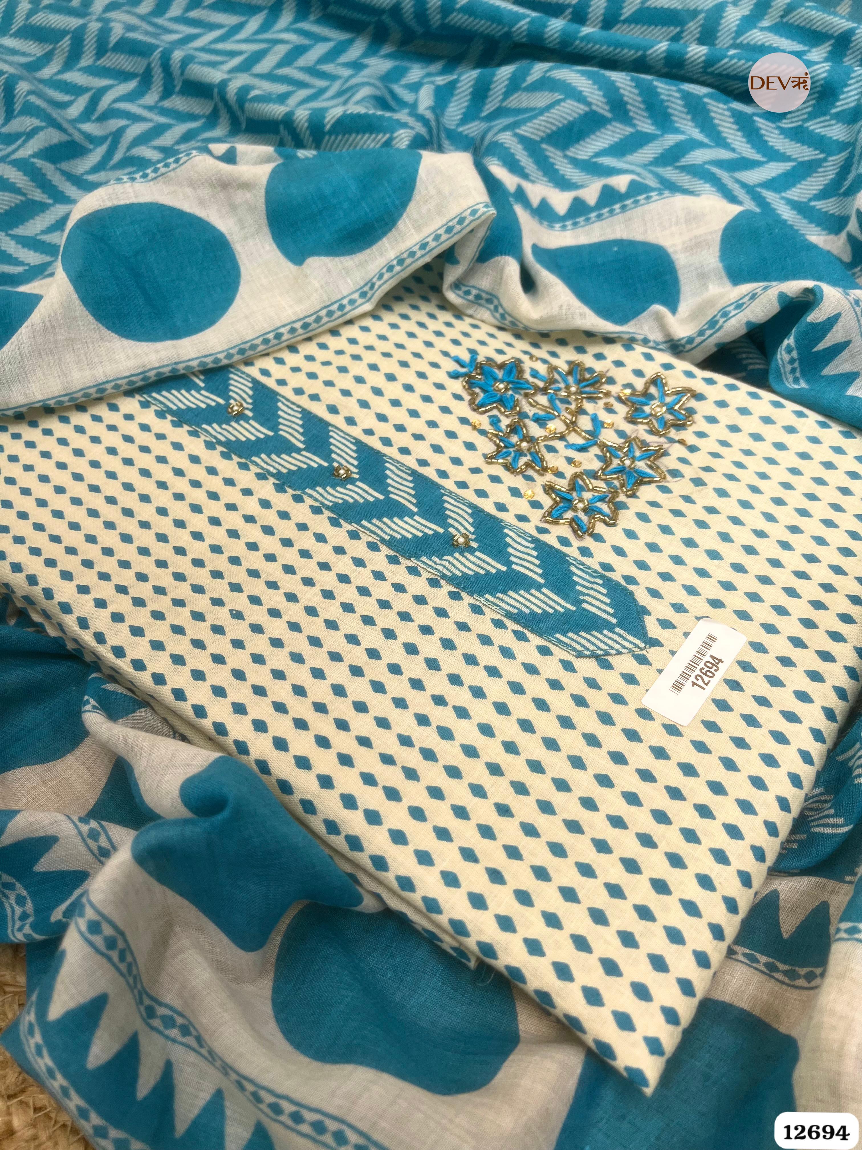 Sky Blue Cotton Printed Unstitched 3-Piece Suit (Devri – D.No 12694)