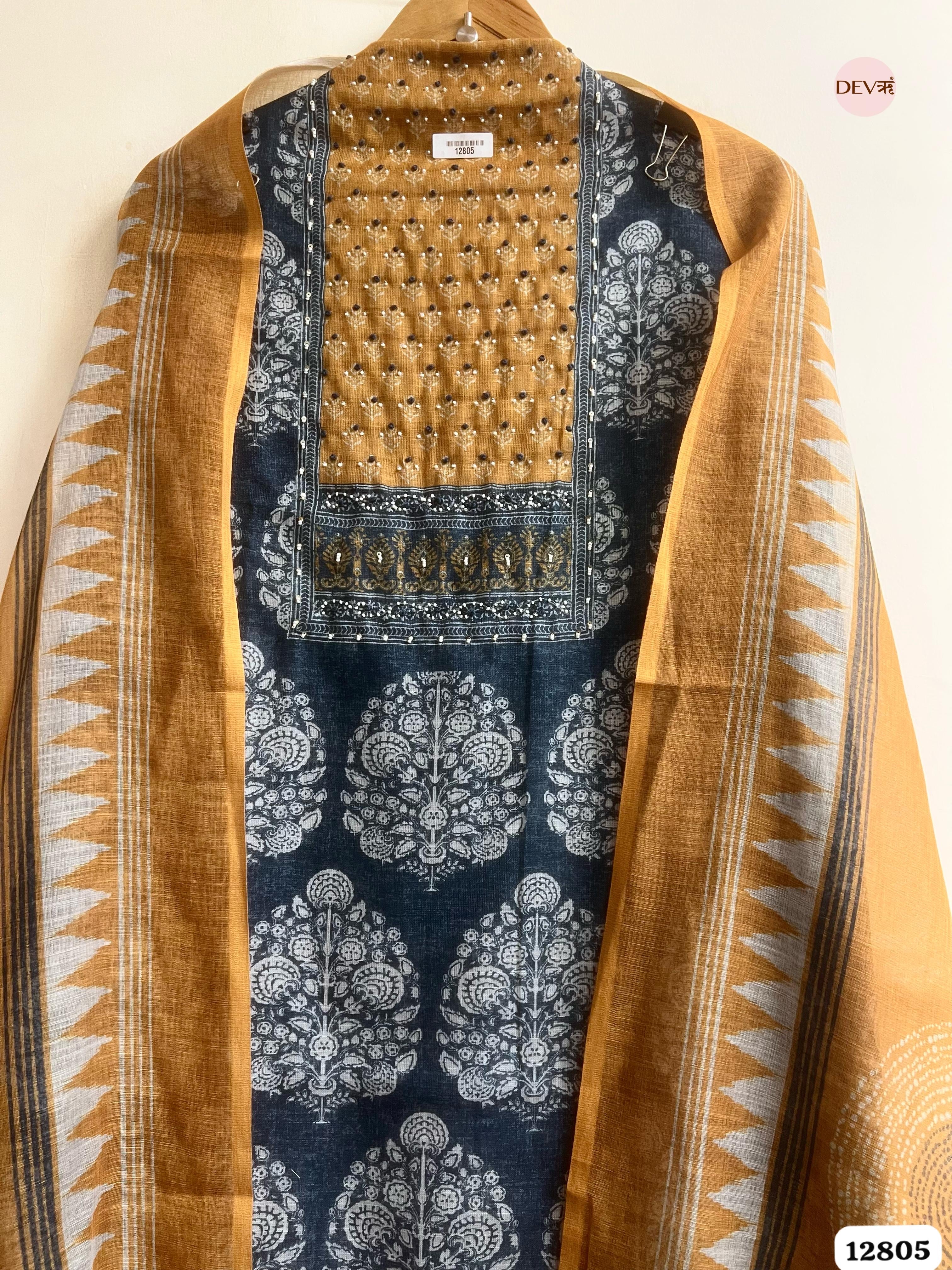 Mustard Linen Cotton Printed Unstitched 3-Piece Suit (Devri – D.No 12805)