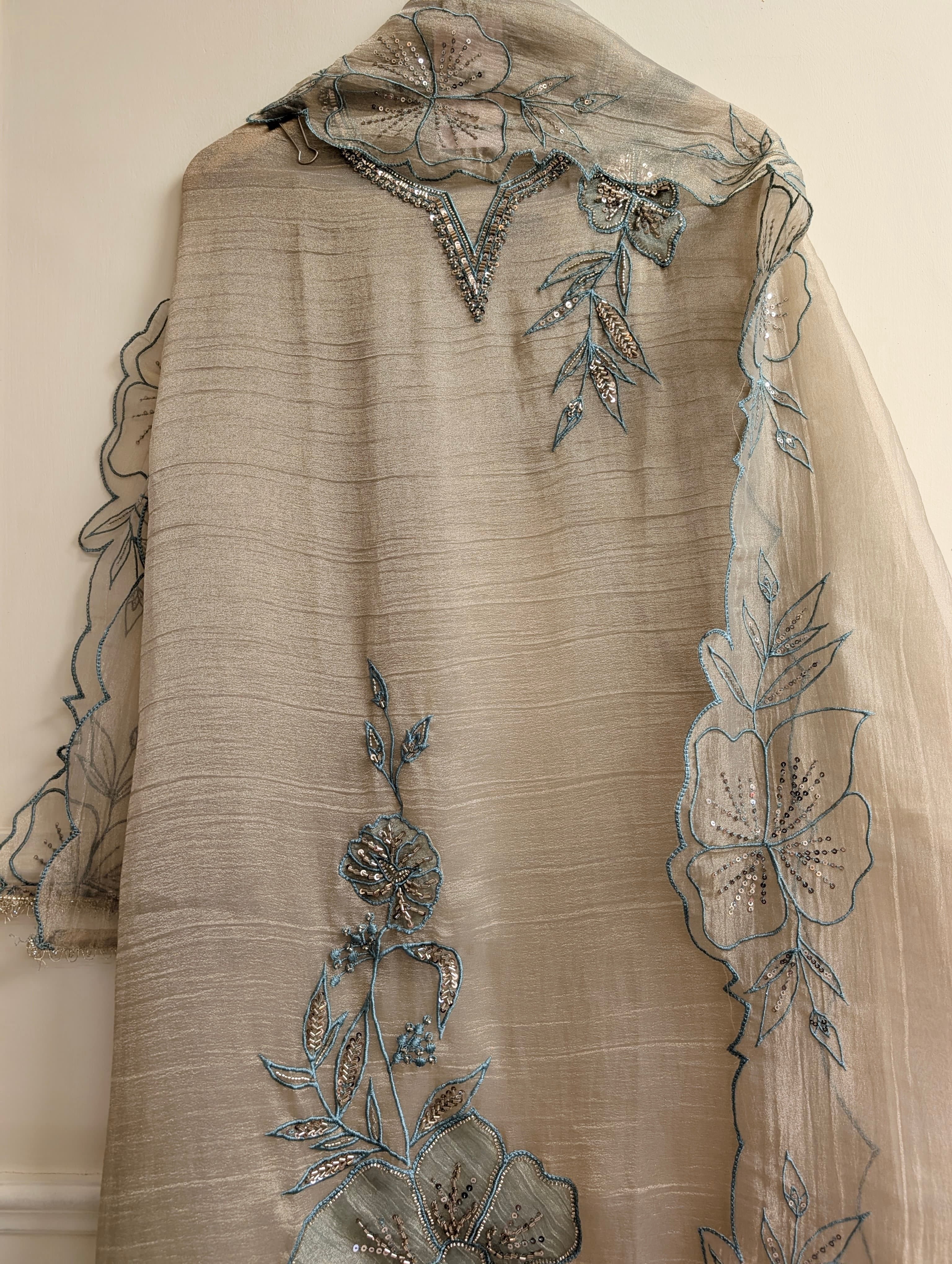 Taupe Crush Tissue Silk Embroidered Unstitched 3-Piece Suit (Devri – D.No 13772)