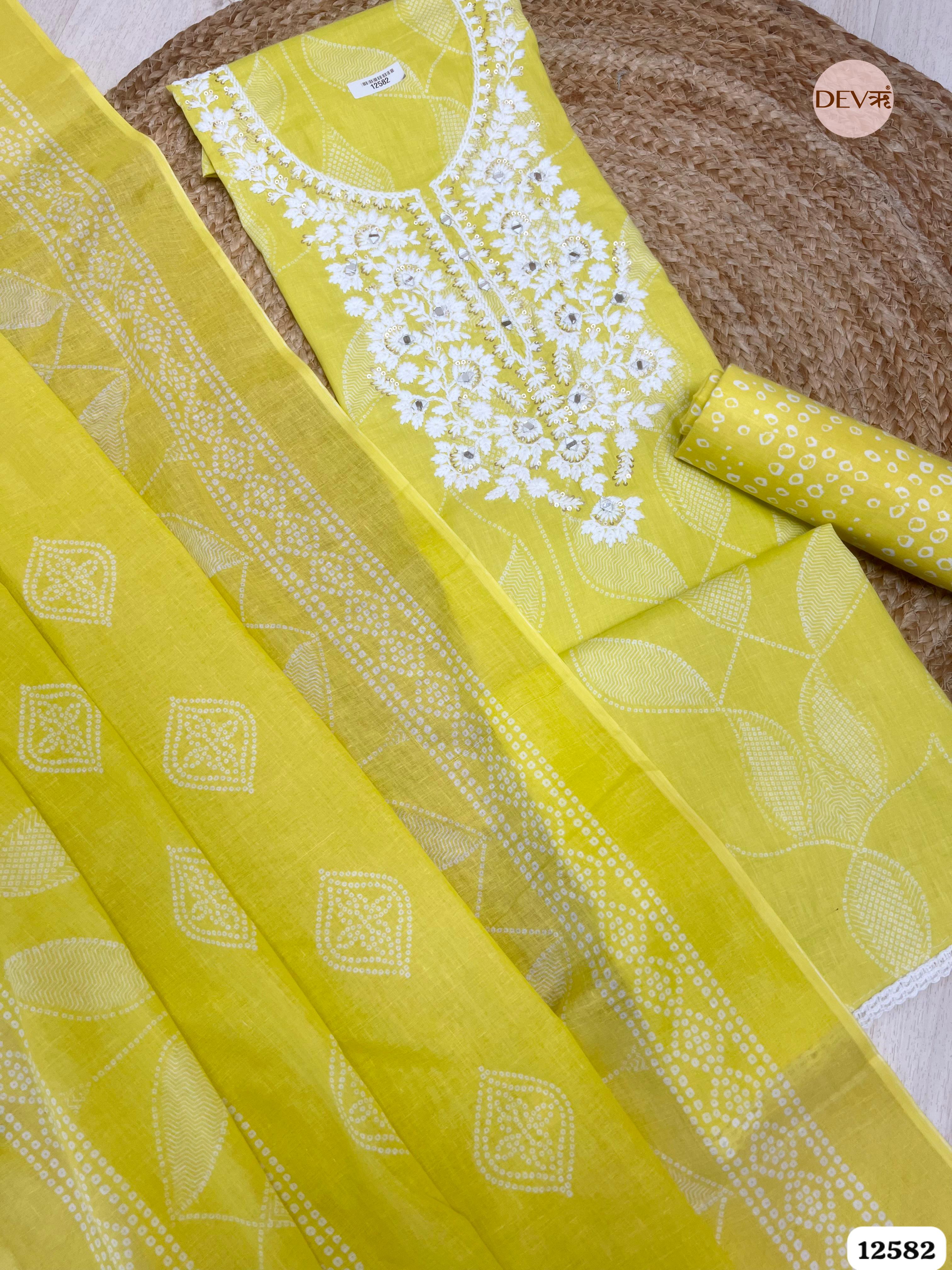 Sunshine Yellow Cotton Embroidered Unstitched 3-Piece Suit (Devri – D.No 12582)