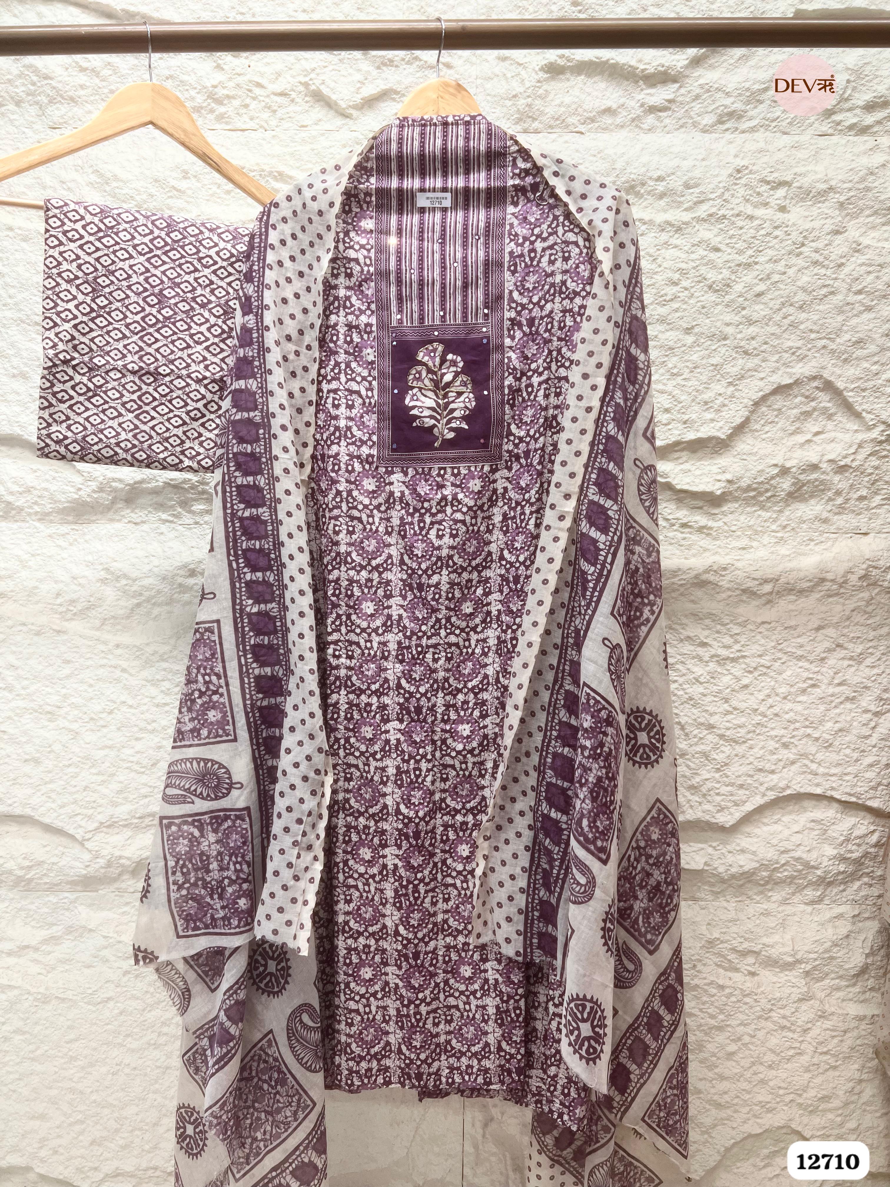 Purple Cotton Printed Unstitched 3-Piece Suit (Devri – D.No 12710)