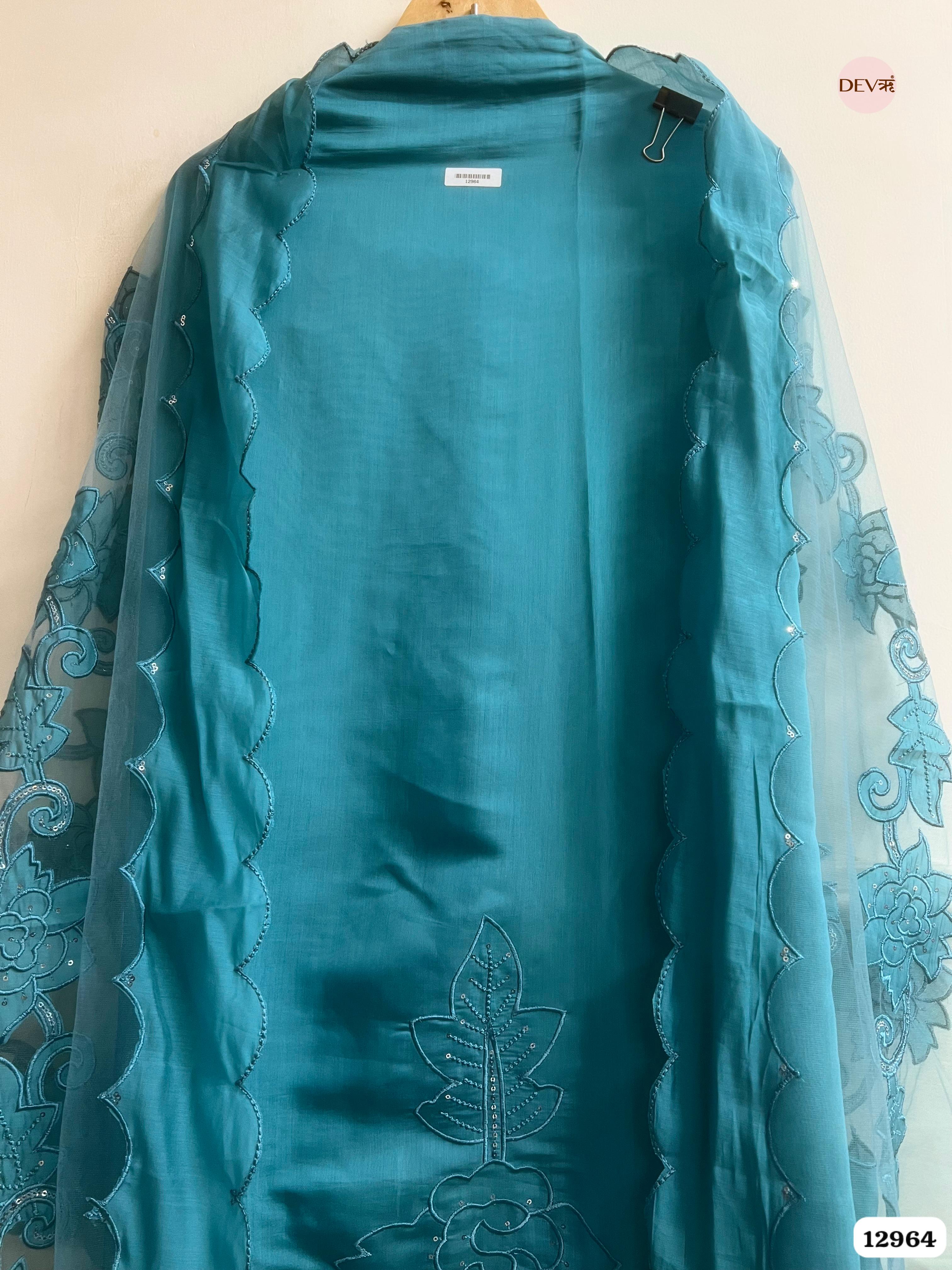 Teal Roman Silk Embroidered Unstitched 3-Piece Suit (Devri – D.No 12964)