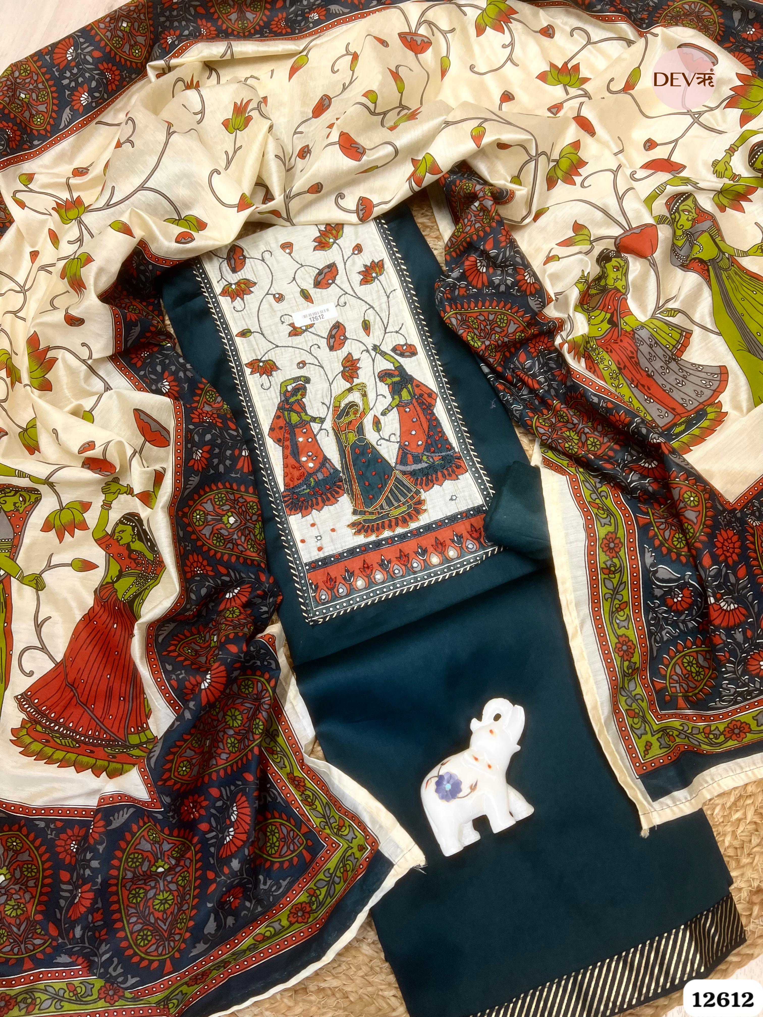 deep teal Glace Cotton Embroidered Unstitched 3-Piece Suit (Devri – D.No 12612)