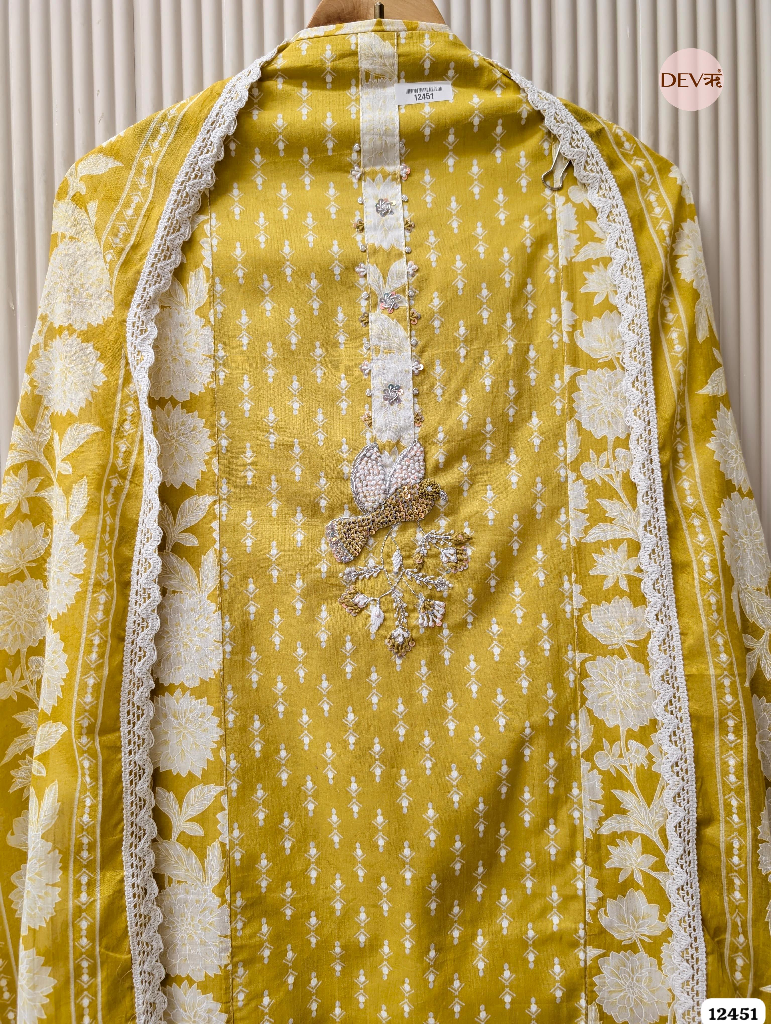 Mustard Yellow Pure Cotton Printed & Embroidered Unstitched 3-Piece Suit (Devri – D.No 12451)
