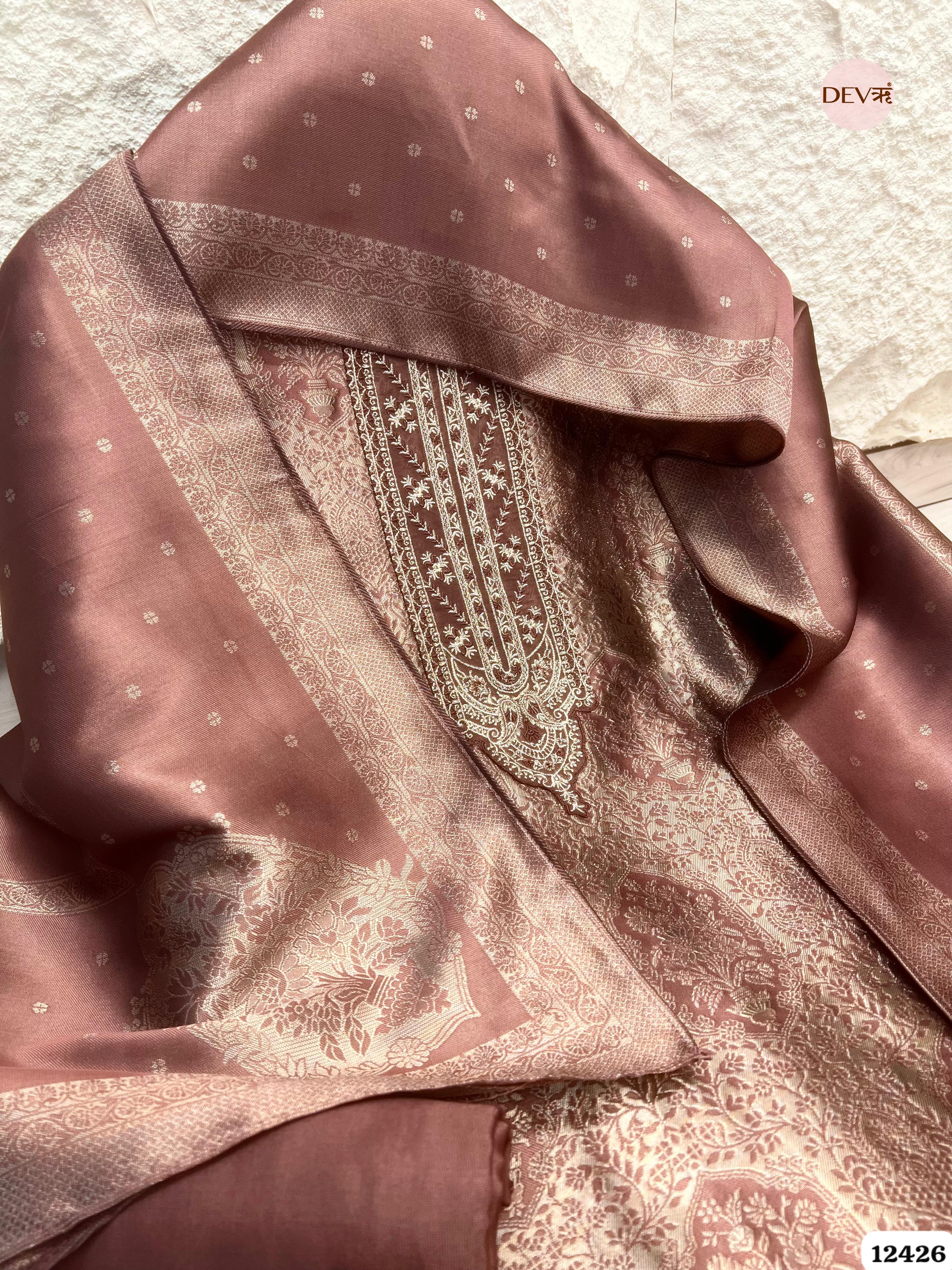 Dusty Rose Banarasi Silk Printed Unstitched 3-Piece Suit (Devri – D.No. 12426)