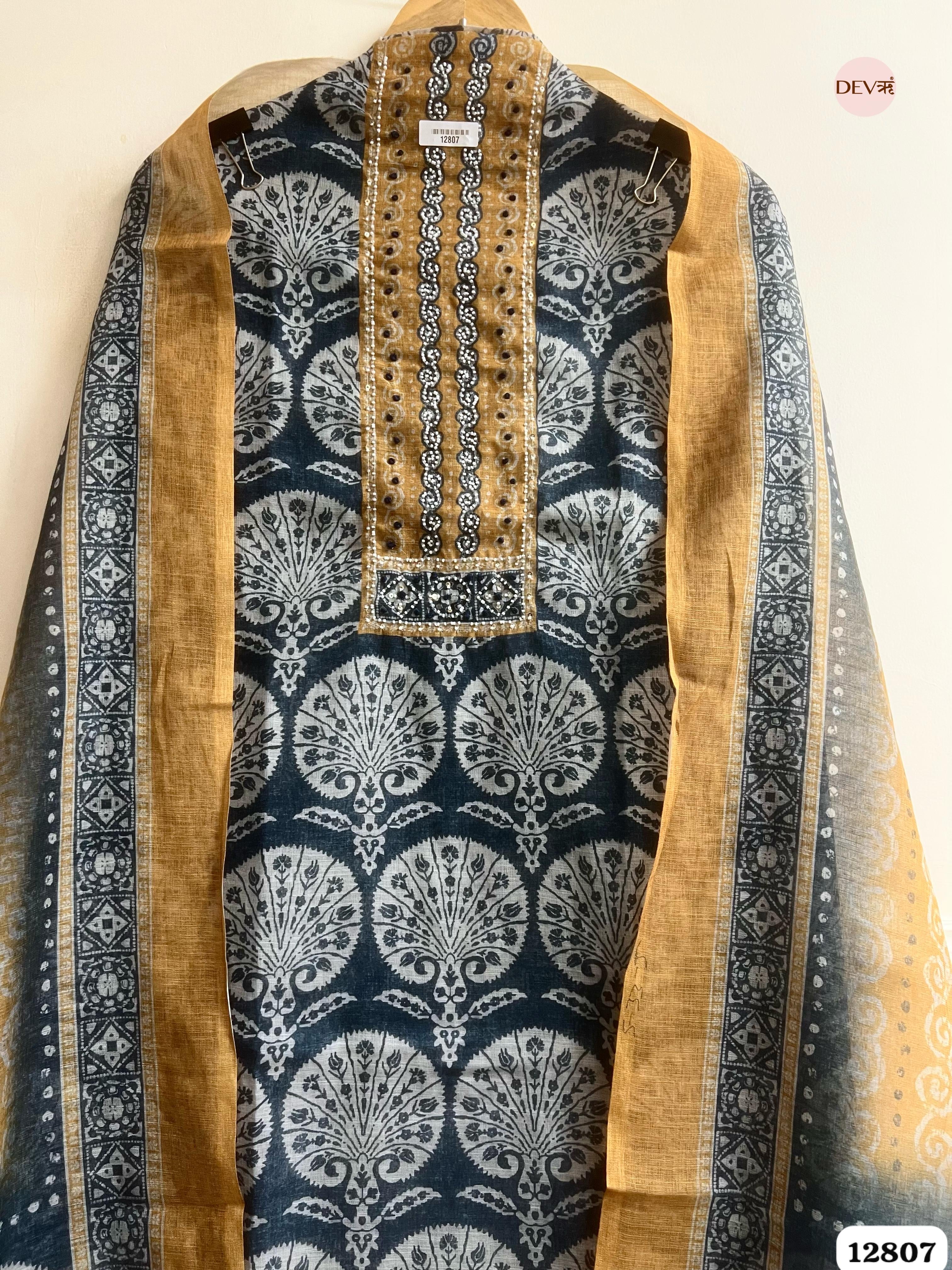 Grey Linen Cotton Printed Unstitched 3-Piece Suit (Devri – D.No 12807)