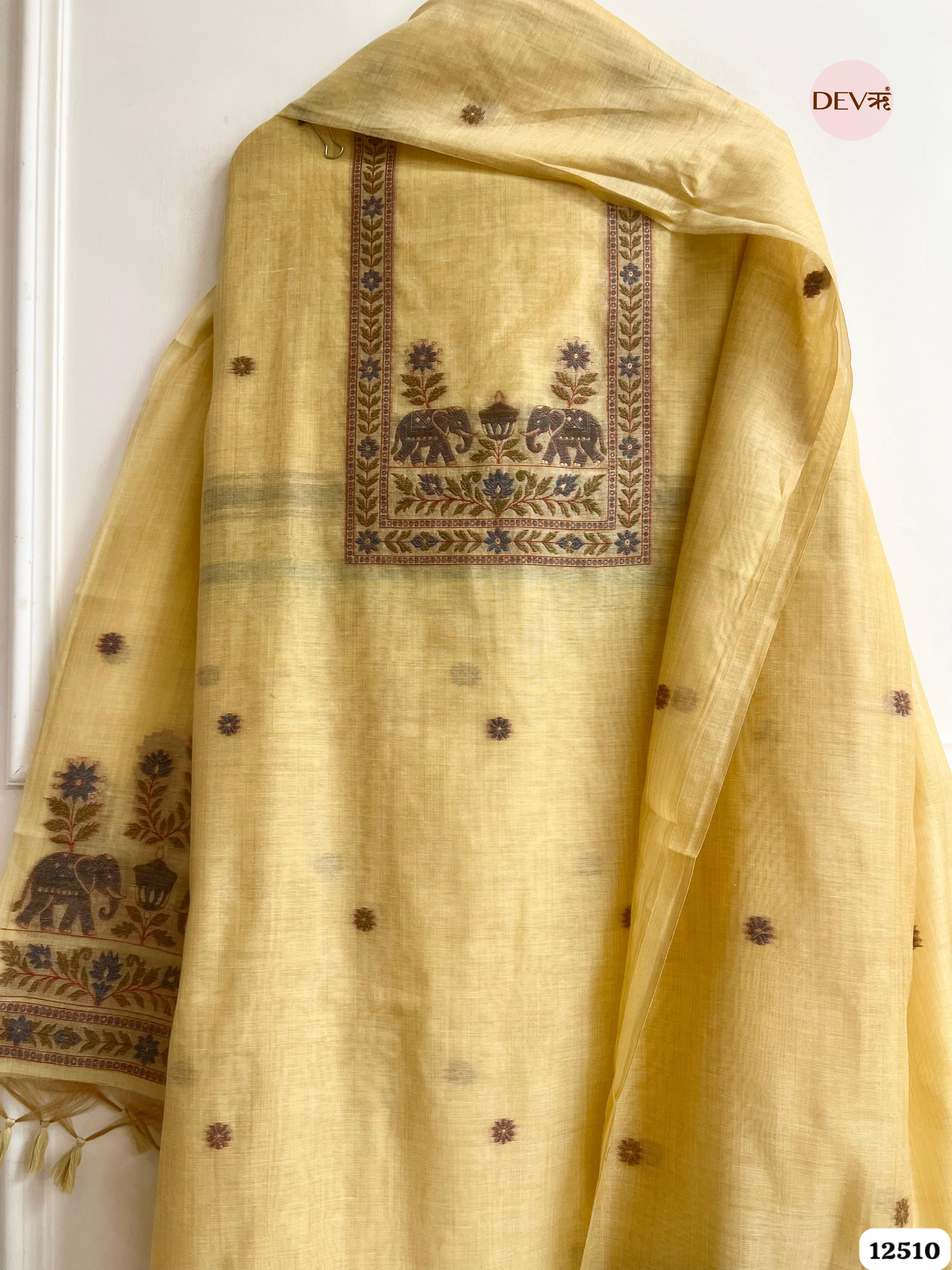 Yellow Jamdani Embroidered Unstitched 3-Piece Suit (Devri – D.No 12510)