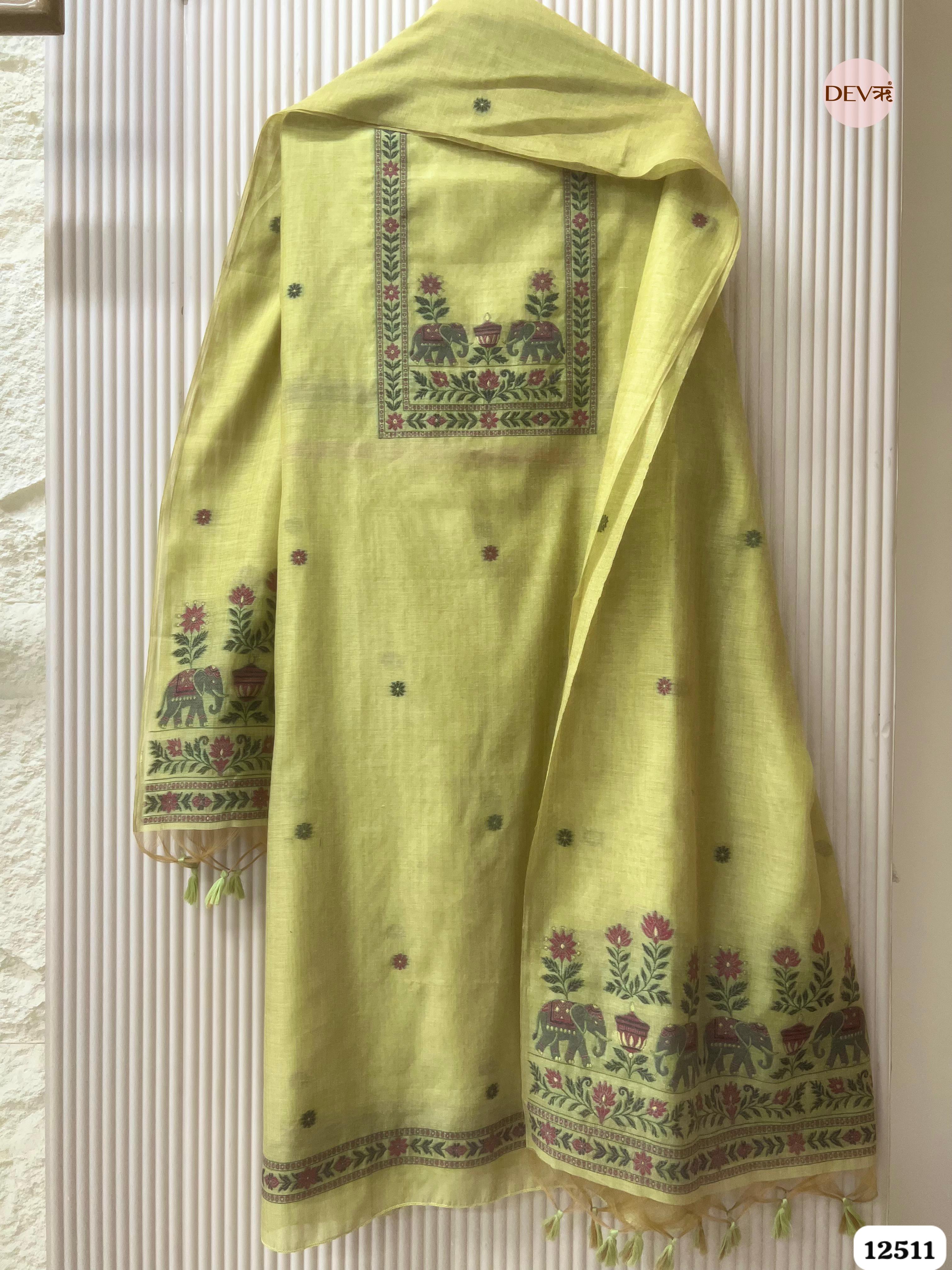 Lime Green Jamdani Embroidered Unstitched 3-Piece Suit (Devri – D.No 12511)