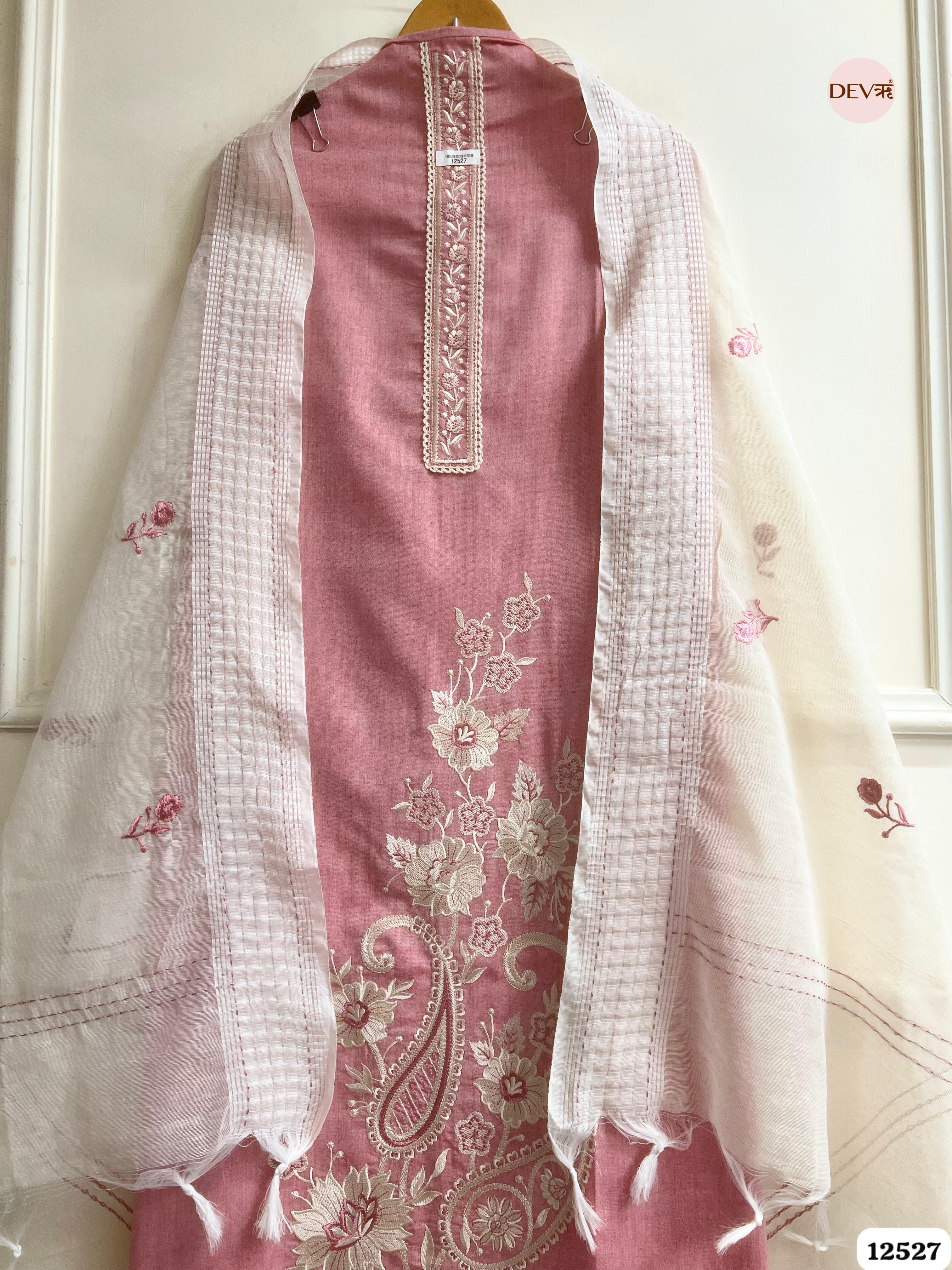 Dusty Rose Handloom Cotton Embroidered Unstitched 3-Piece Suit (Devri – D.No 12527)