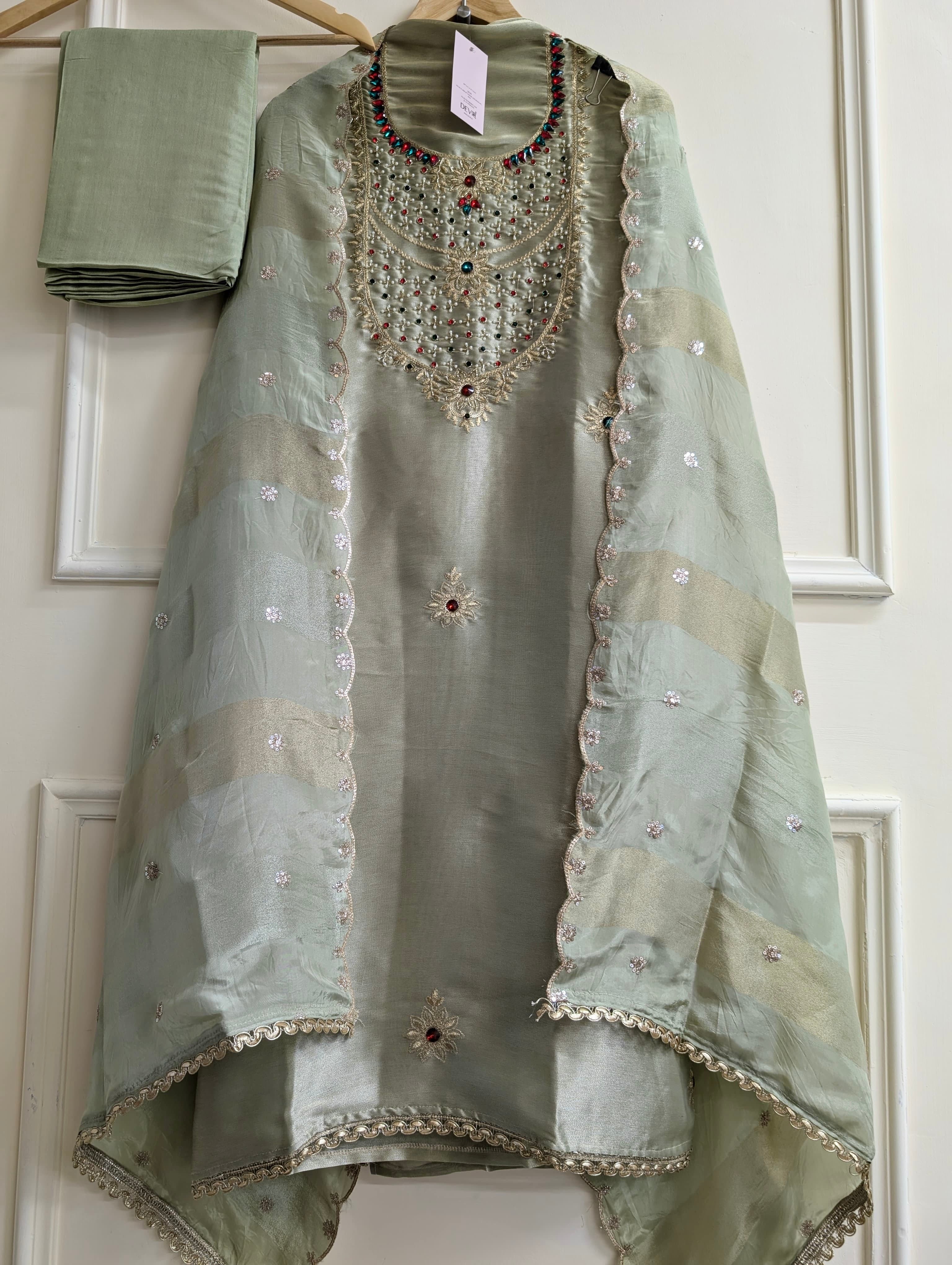 Sage Pure Tissue Giraffe Silk Embroidered Unstitched 3-Piece Suit (Devri – D.No 13809)