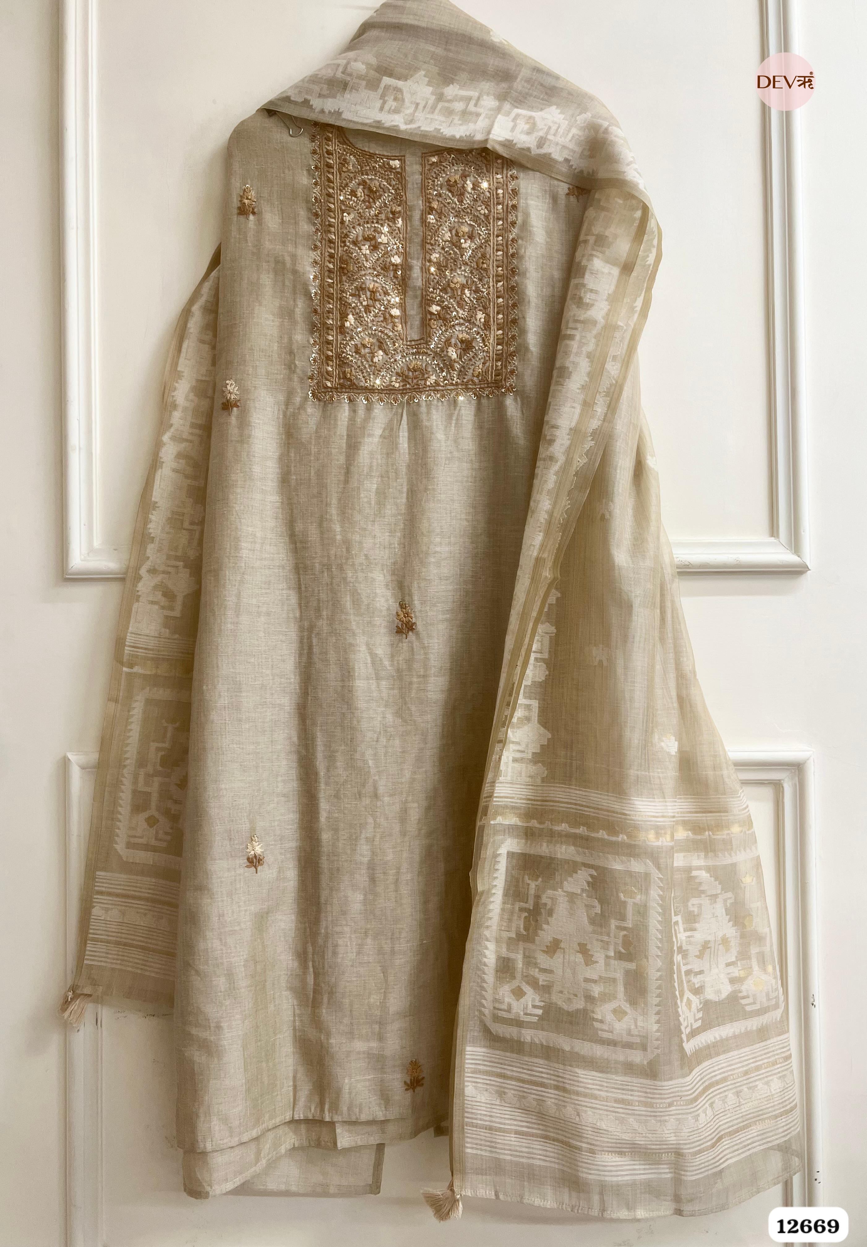 Beige Mul Chanderi Embroidered Unstitched 3-Piece Suit (Devri – D.No 12669)
