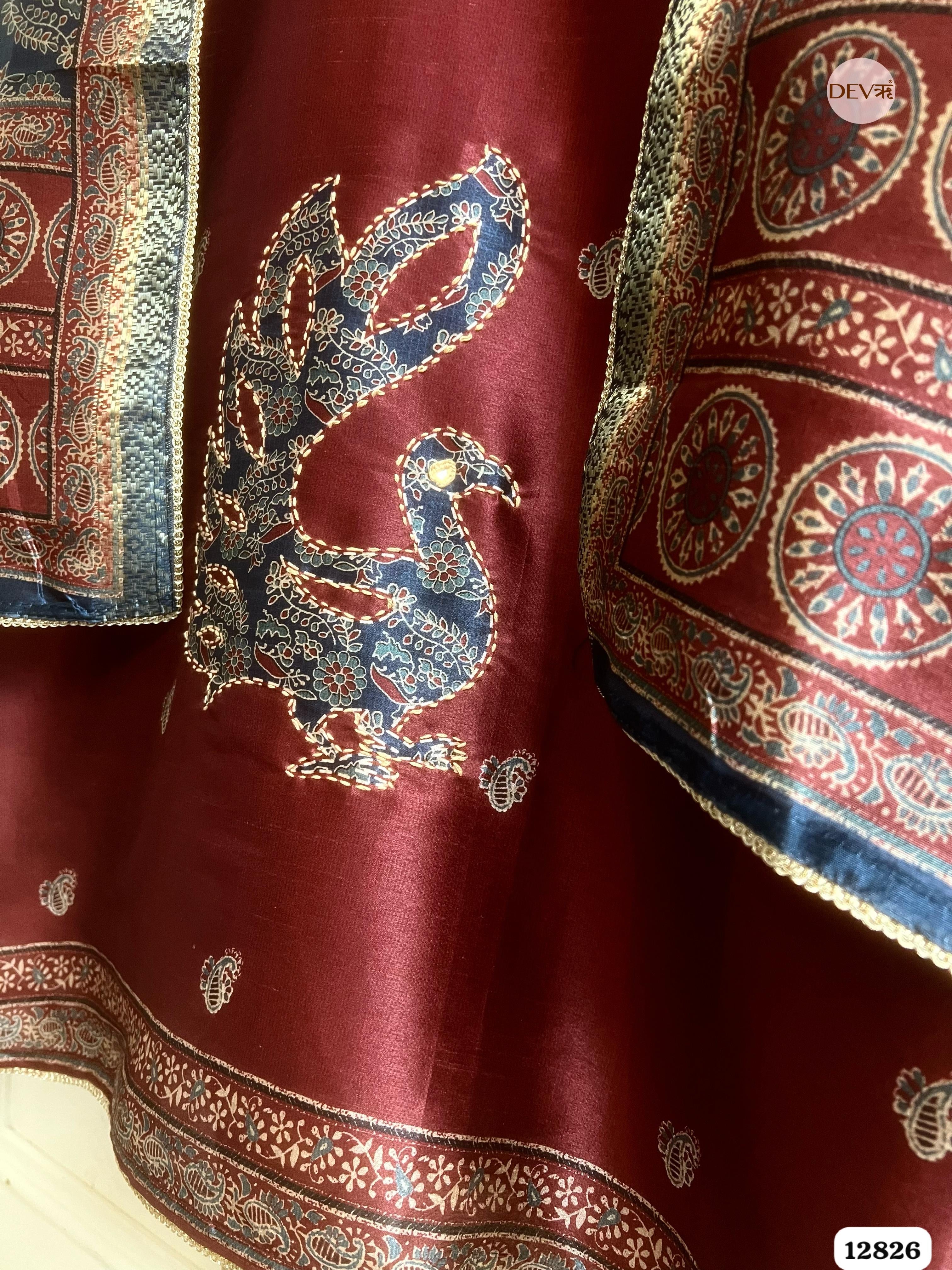 Maroon Chanderi Silk Printed Unstitched 3-Piece Suit (Devri – D.No 12826)