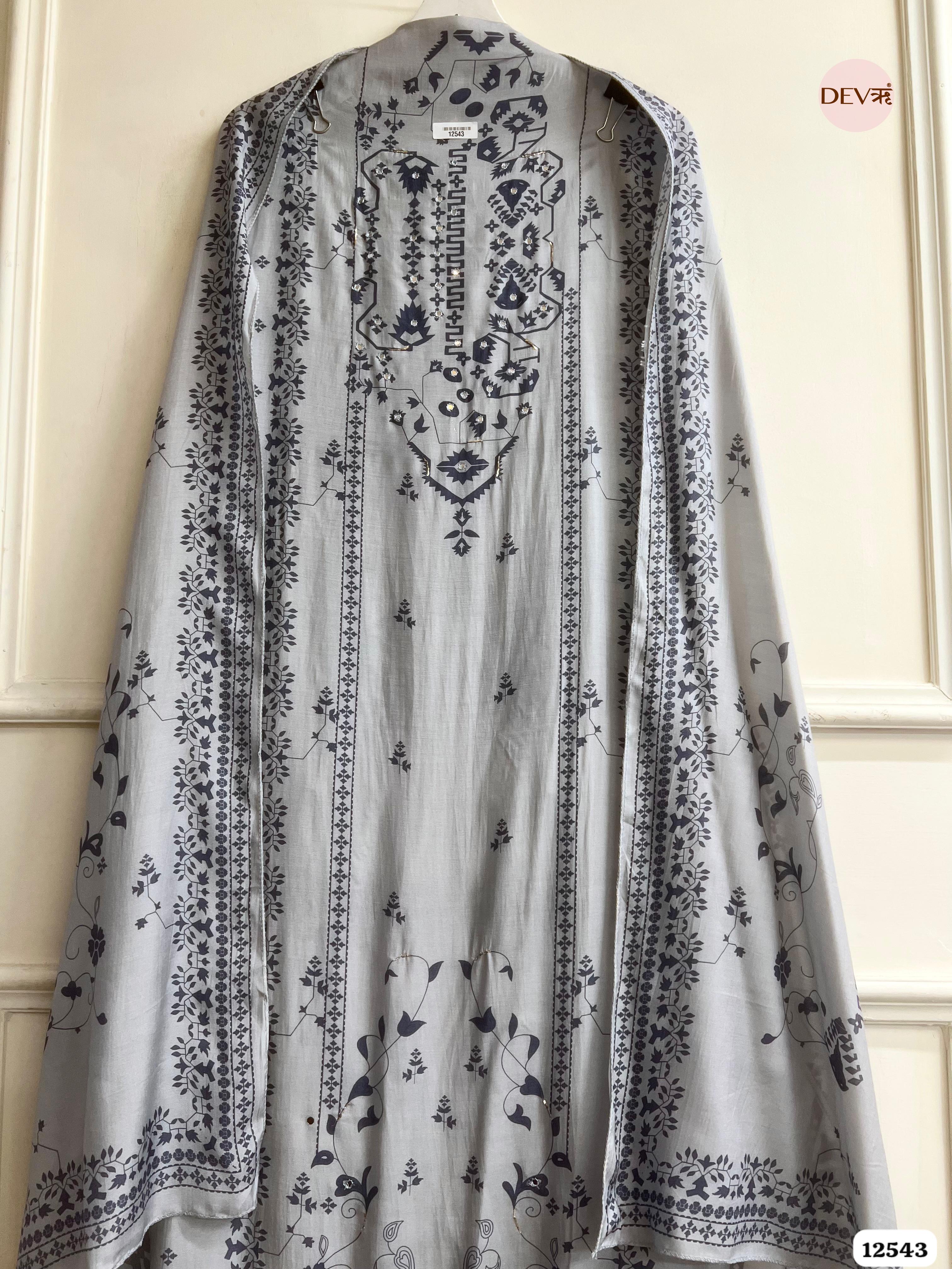 Grey Muslin Printed Unstitched 3-Piece Suit (Devri – D.No. 12543)