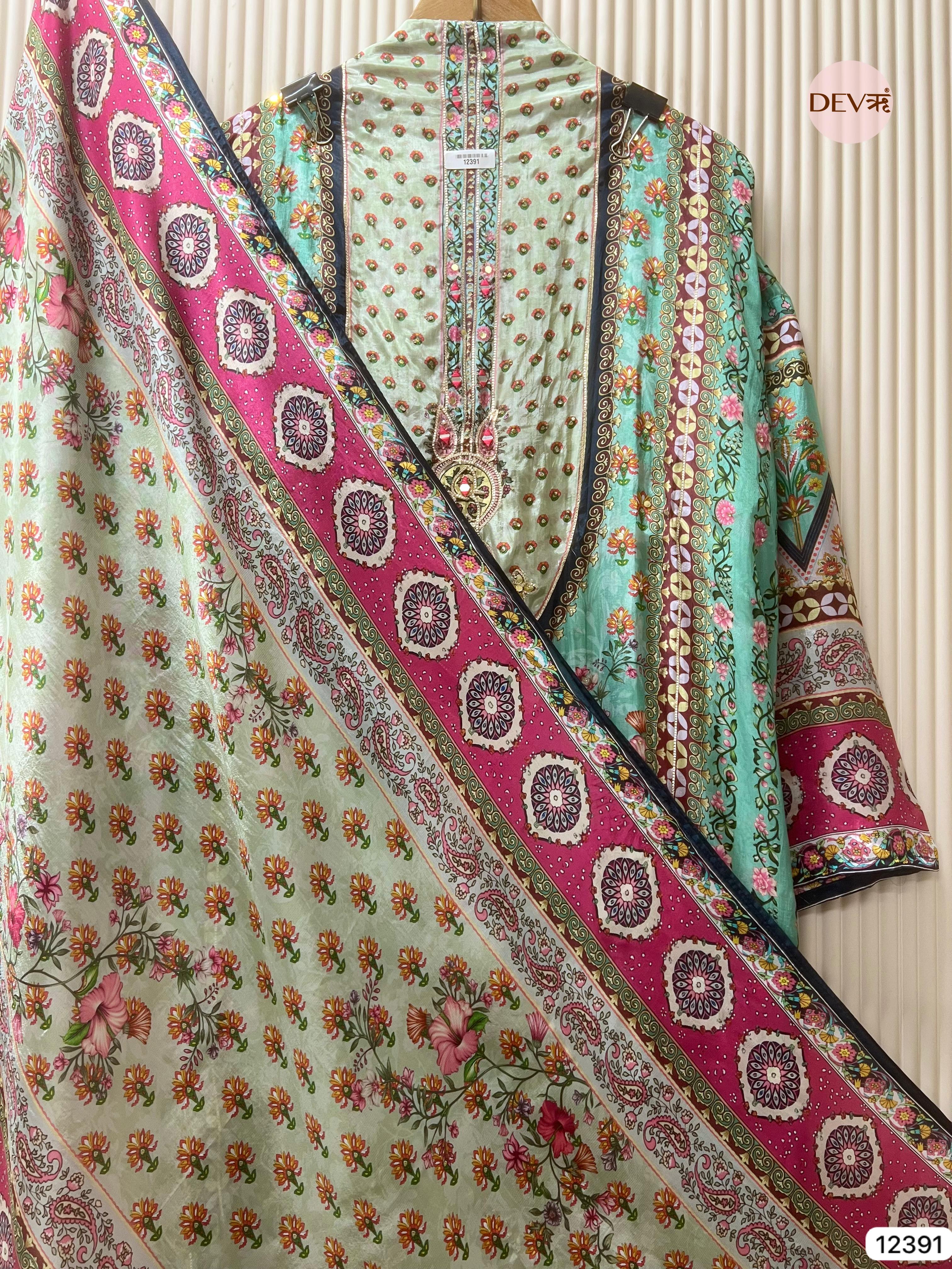 Mint Green Muslin Printed Unstitched 3-Piece Suit (Devri – D.No 12391)
