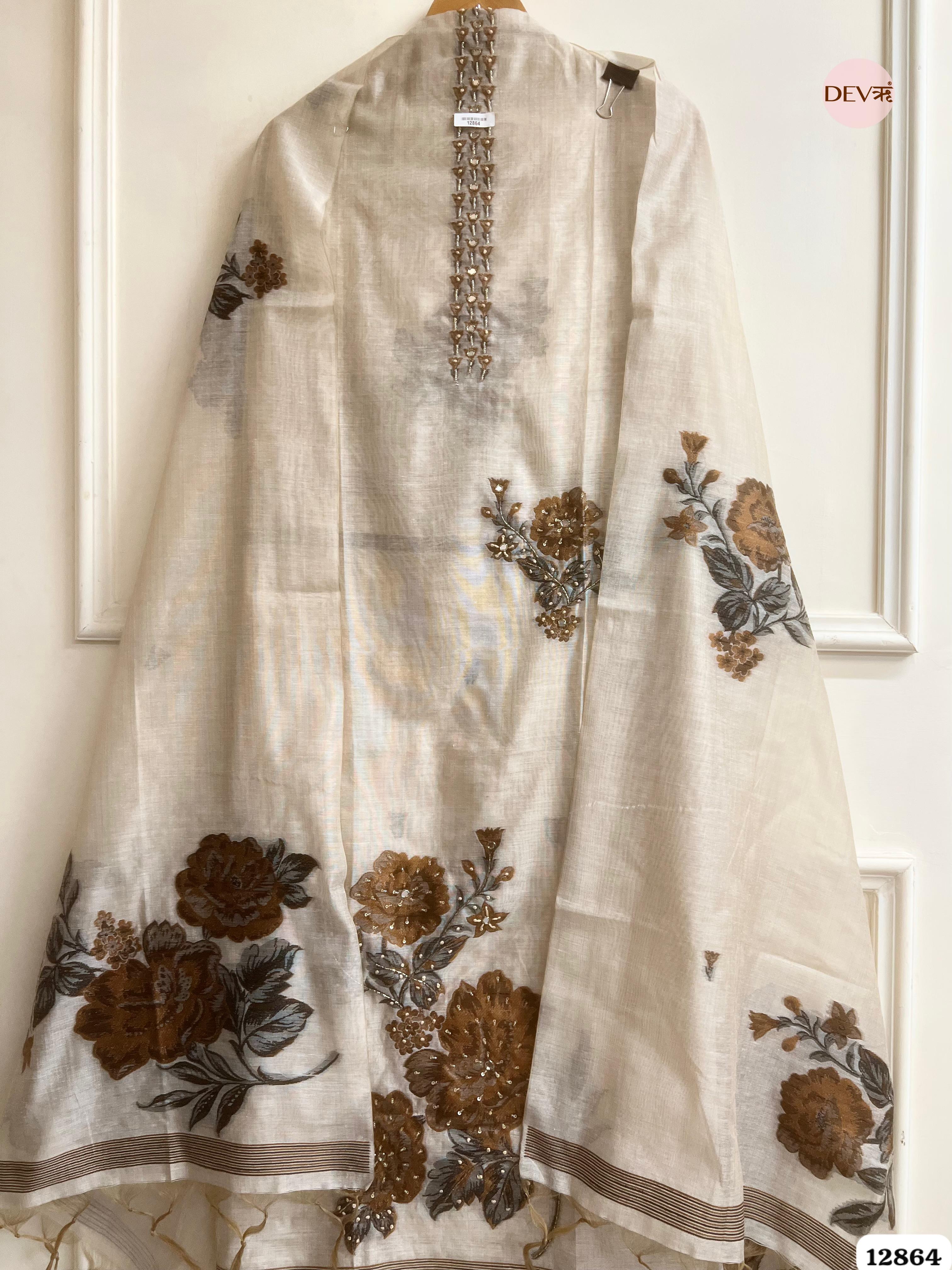 Ivory Mul Chanderi Embroidered Unstitched 3-Piece Suit (Devri – D.No 12864)
