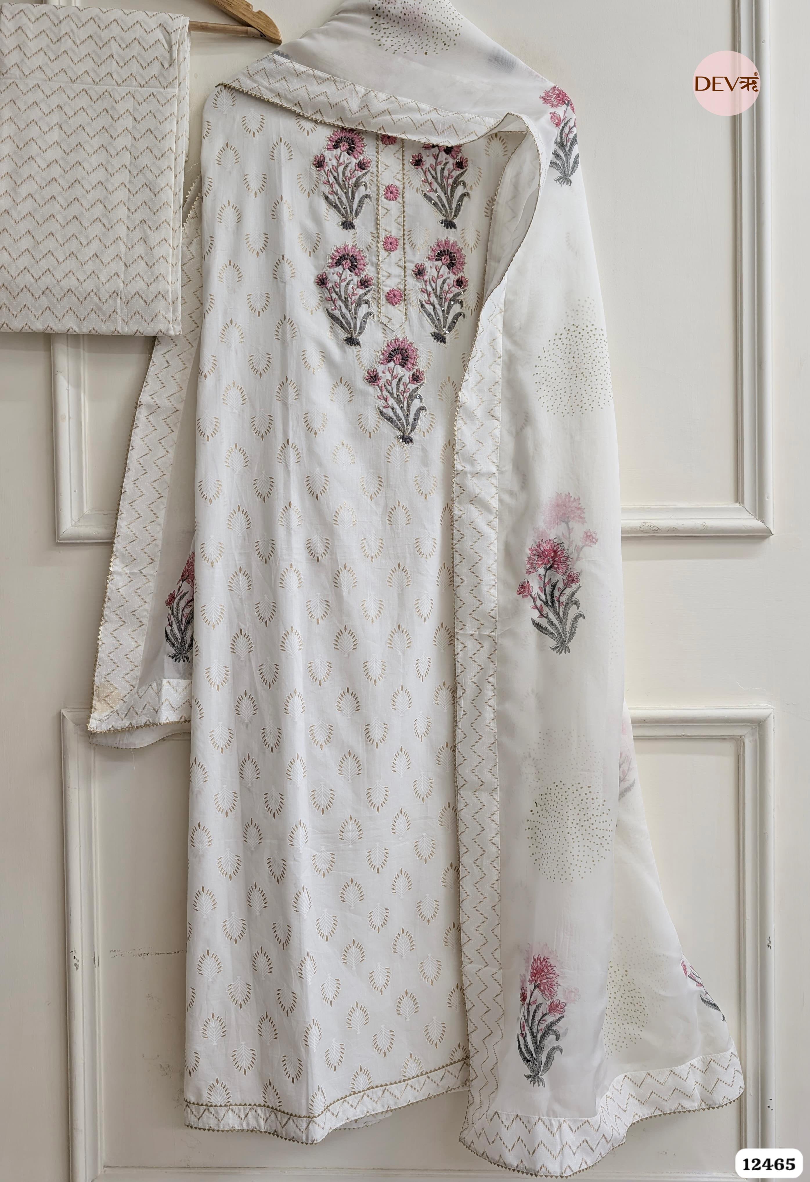 White Cotton Embroidered Unstitched 3-Piece Suit (Devri – D.No. 12465)