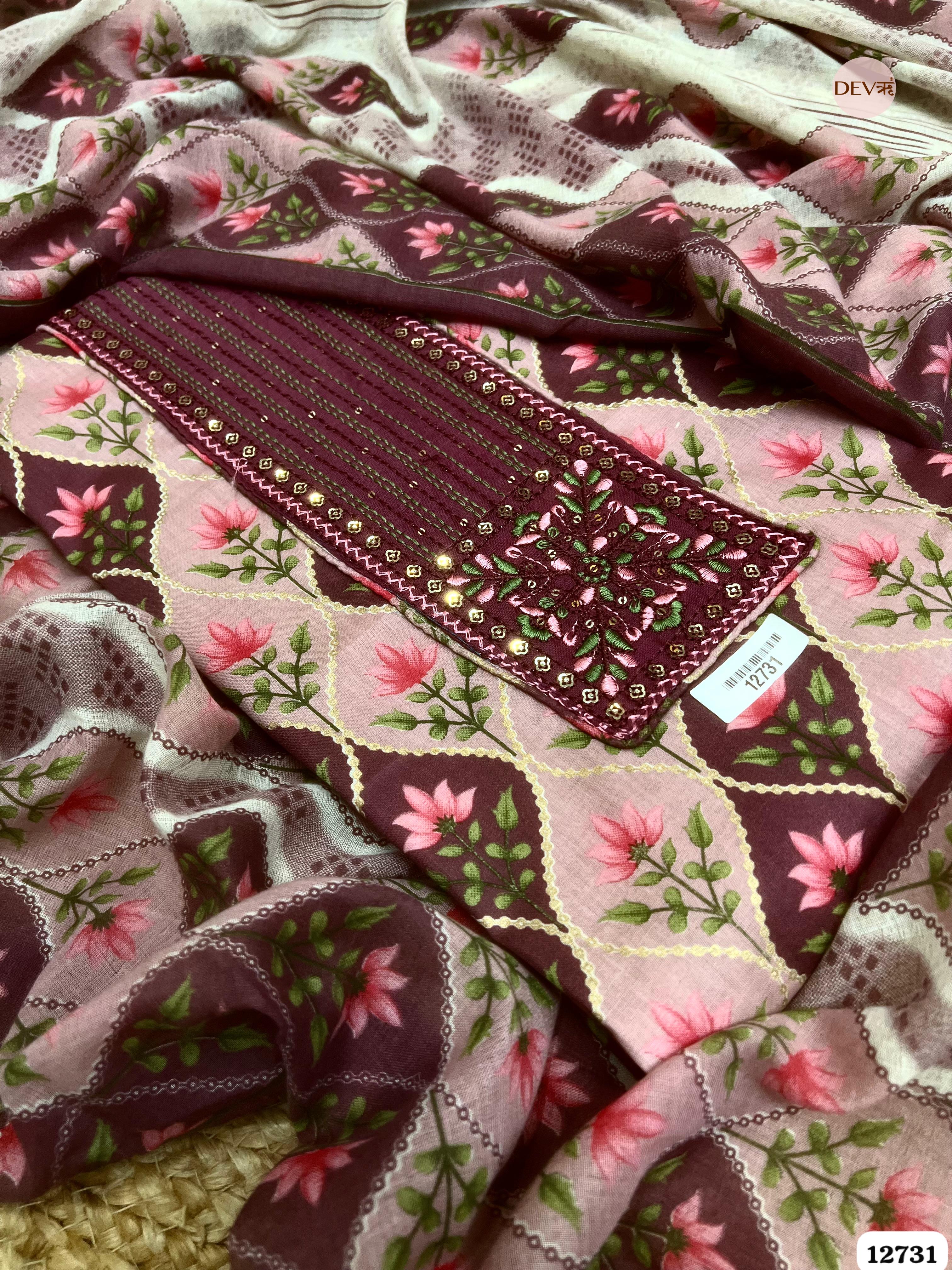 Purple & Mauve Cotton Embroidered Unstitched 3-Piece Suit (Devri – D.No 12731)