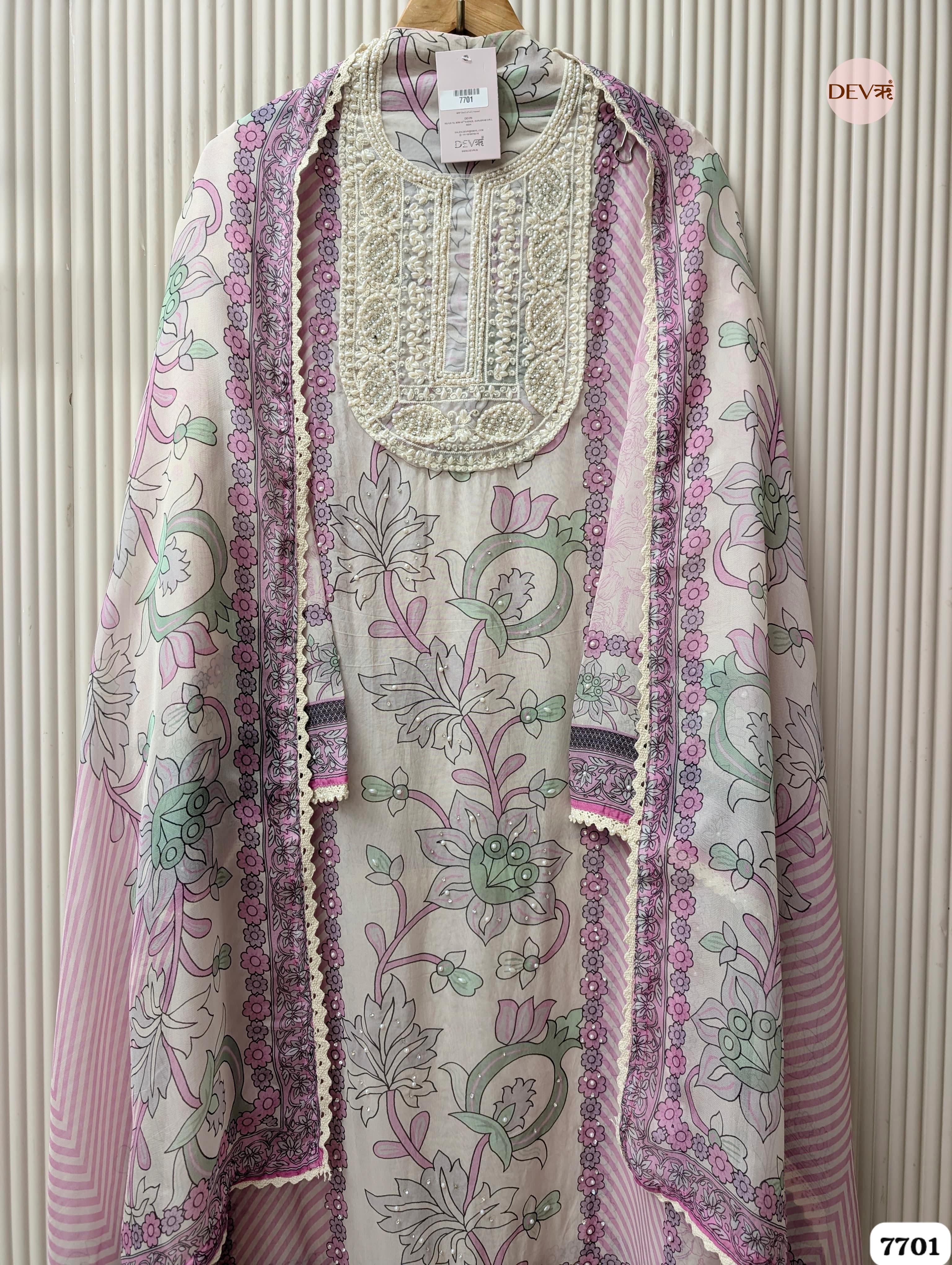 Pink & Mint Organza Silk Printed Unstitched 3-Piece Suit (Devri – D.No. 7701)