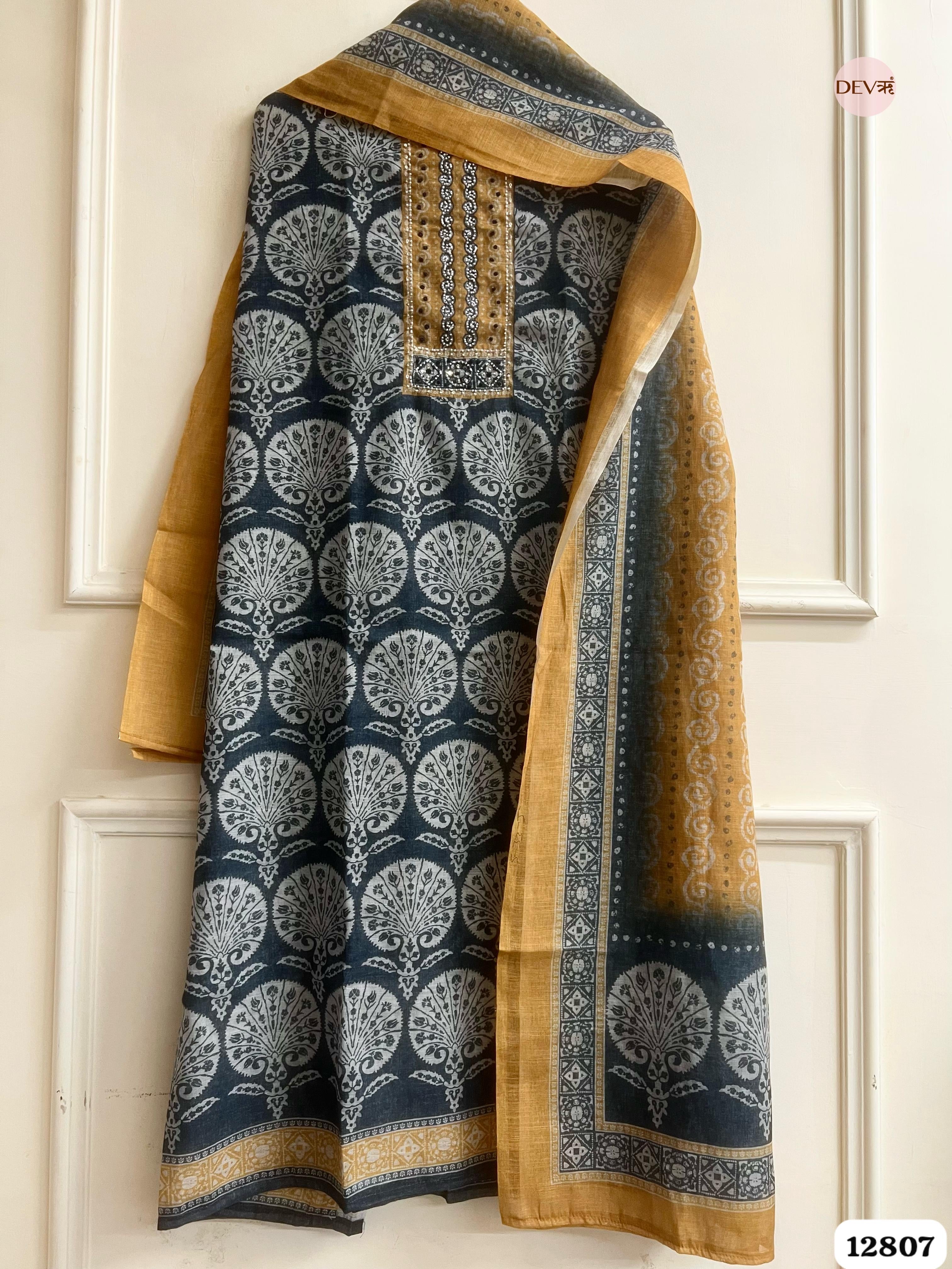 Grey Linen Cotton Printed Unstitched 3-Piece Suit (Devri – D.No 12807)