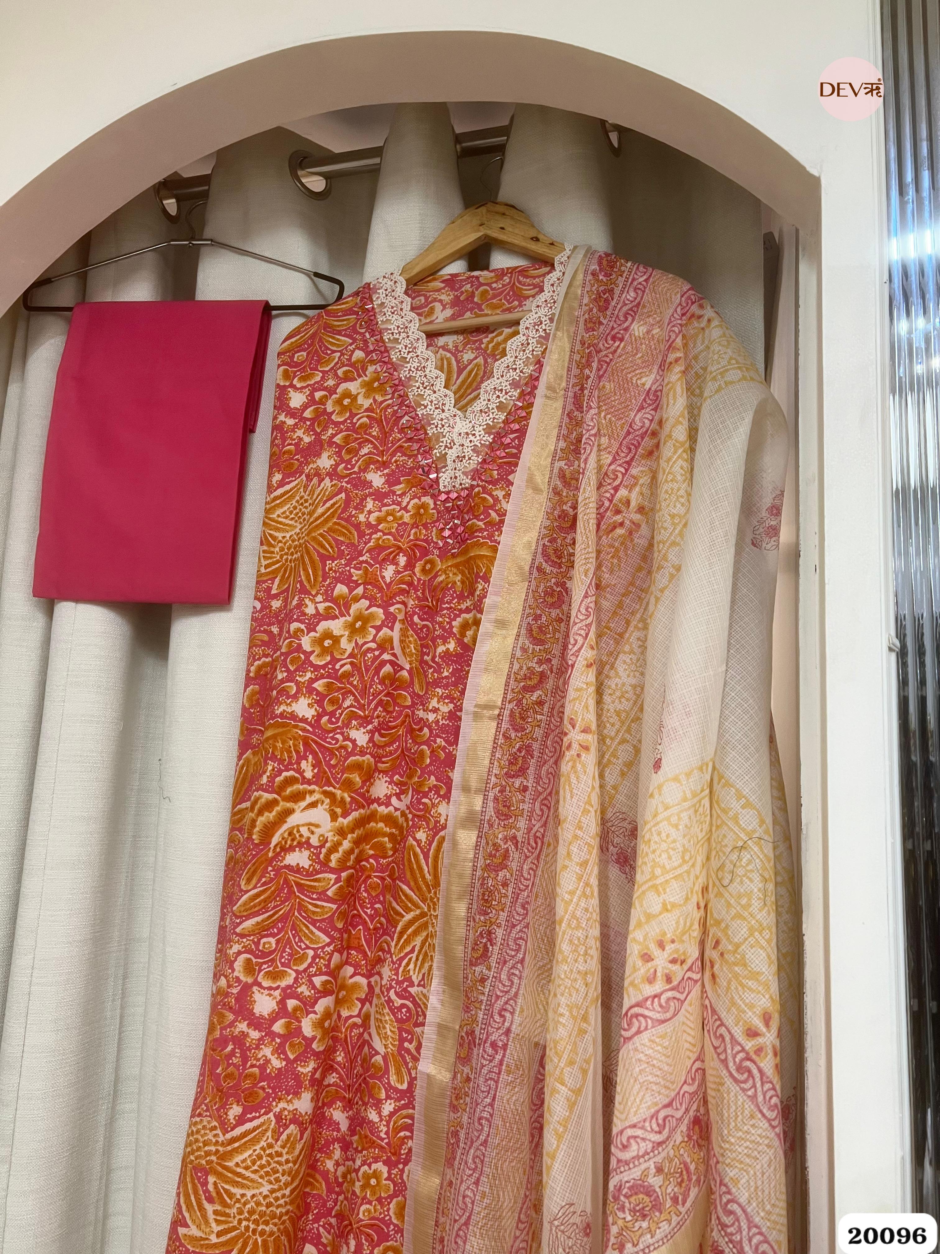 Pink Cotton Floral Printed Unstitched 3-Piece Suit (Devri – D.No 20096)