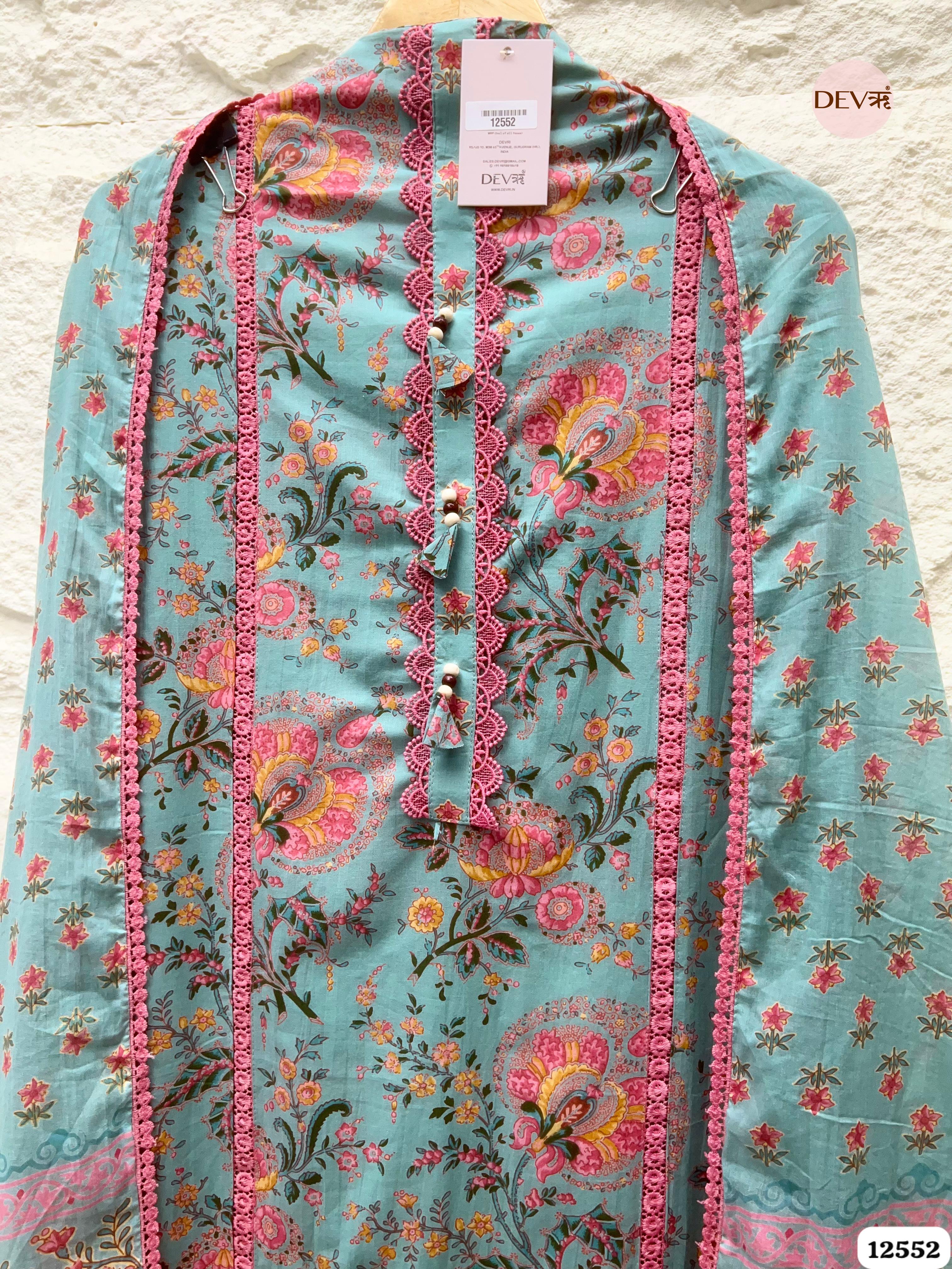 Aqua Blue Pure Cotton Floral Printed Unstitched 3-Piece Suit (Devri – D.No 12552)