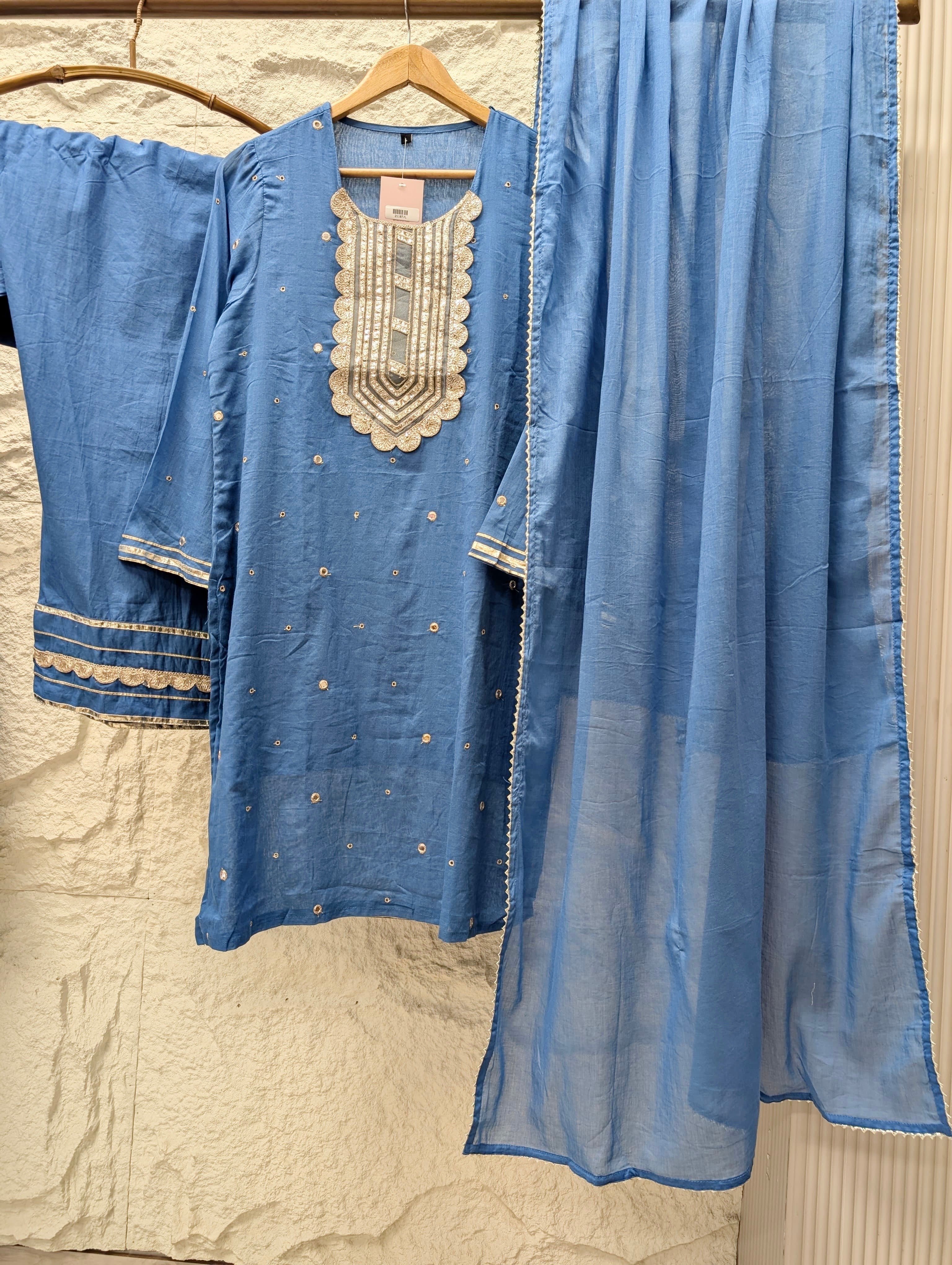 Neelika Pure mul cotton Embroidered Blue 3-Piece Set (Devri – D.No 21187)