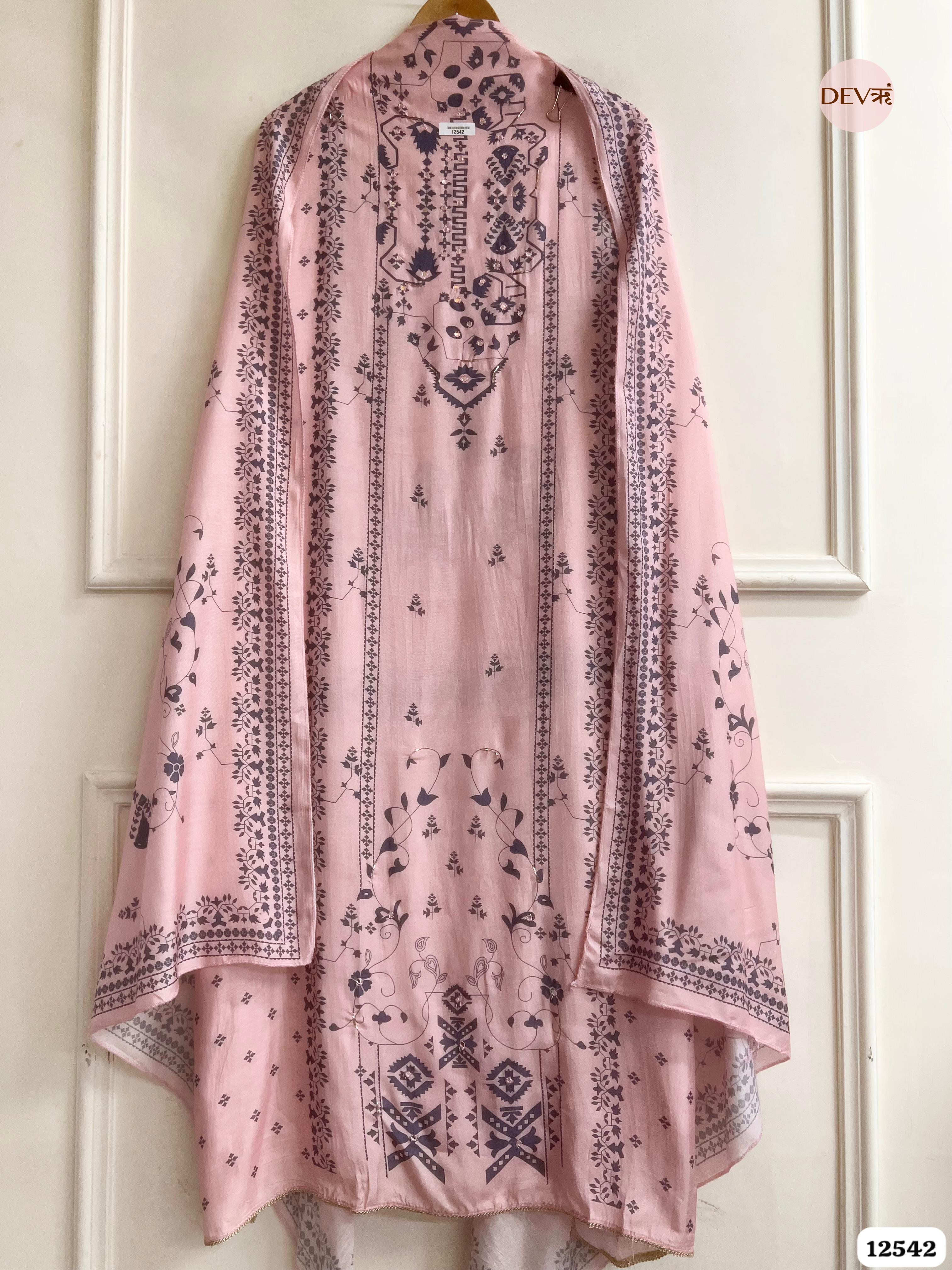 Pink Muslin Printed Unstitched 3-Piece Suit (Devri – D.No 12542)