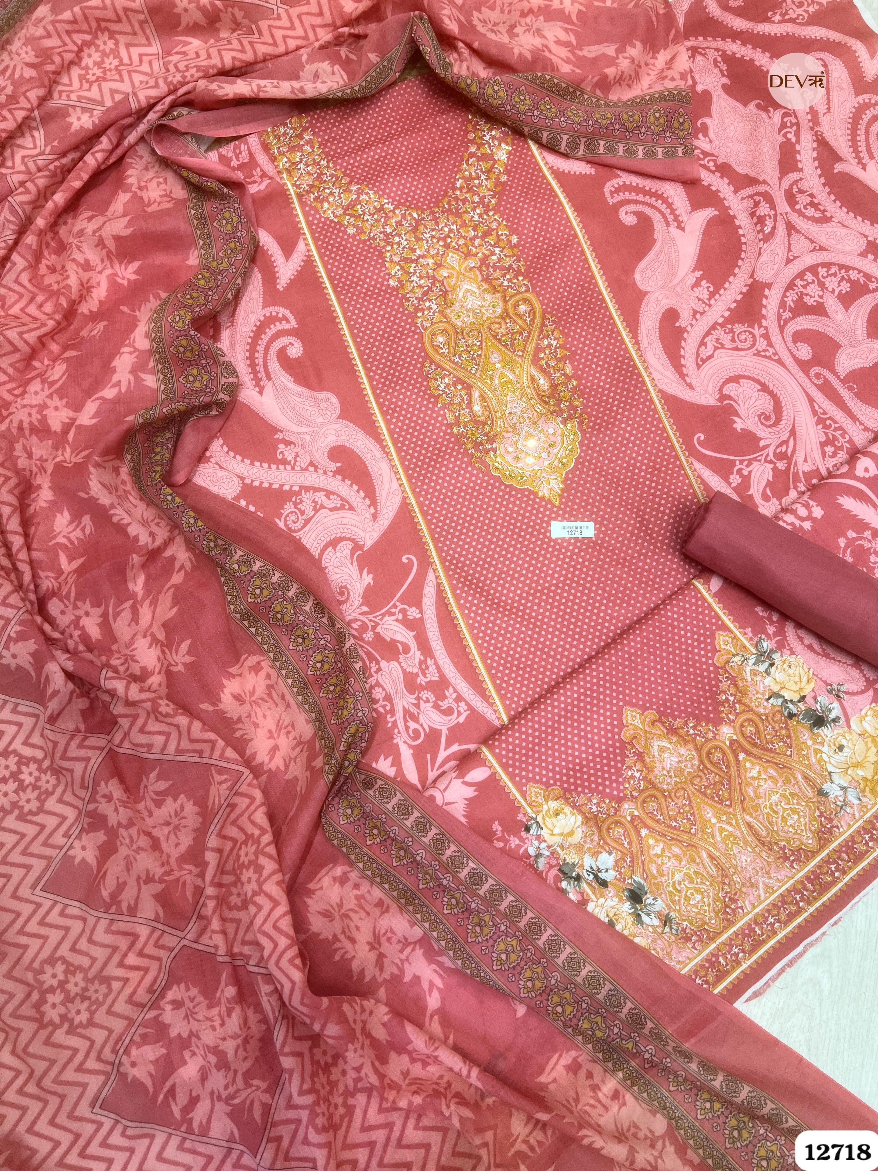 Pink Cotton Printed Unstitched 3-Piece Suit (Devri – D.No 12718)