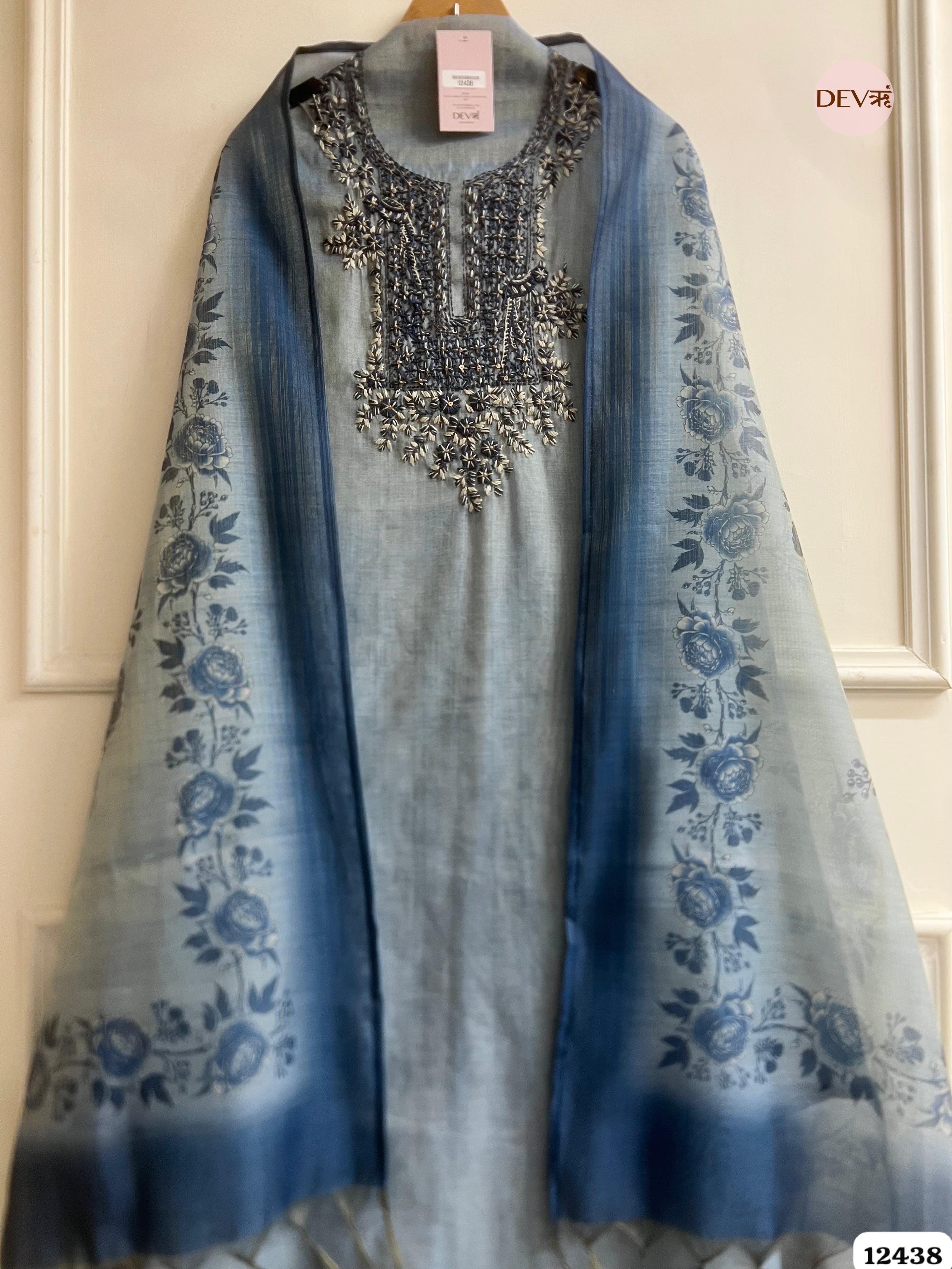 Dusty Blue Pure Linen Tissue Embroidered Unstitched 3-Piece Suit (Devri – D.No. 12438)