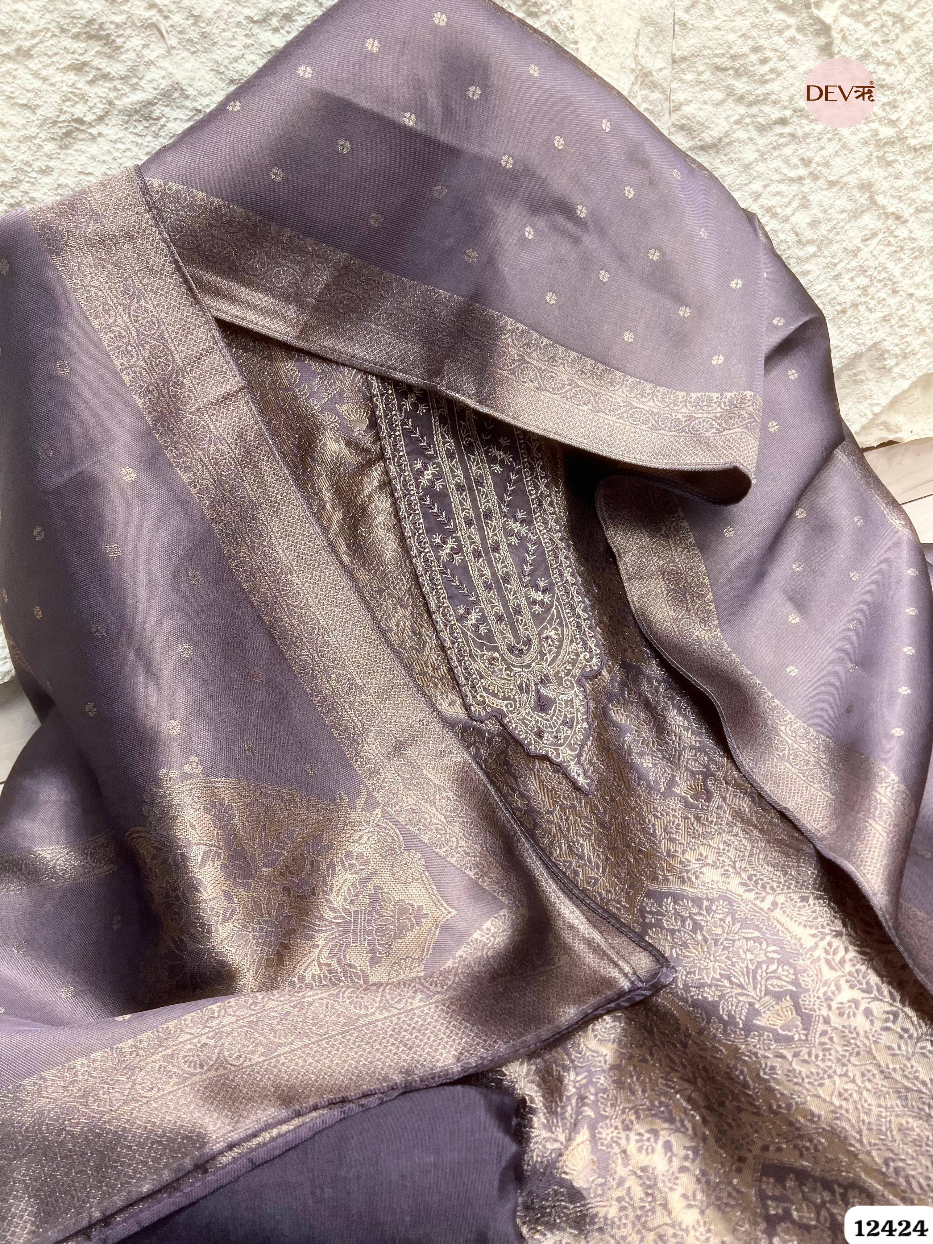 Dusty Mauve Banarasi Silk Printed Unstitched 3-Piece Suit (Devri – D.No. 12424)