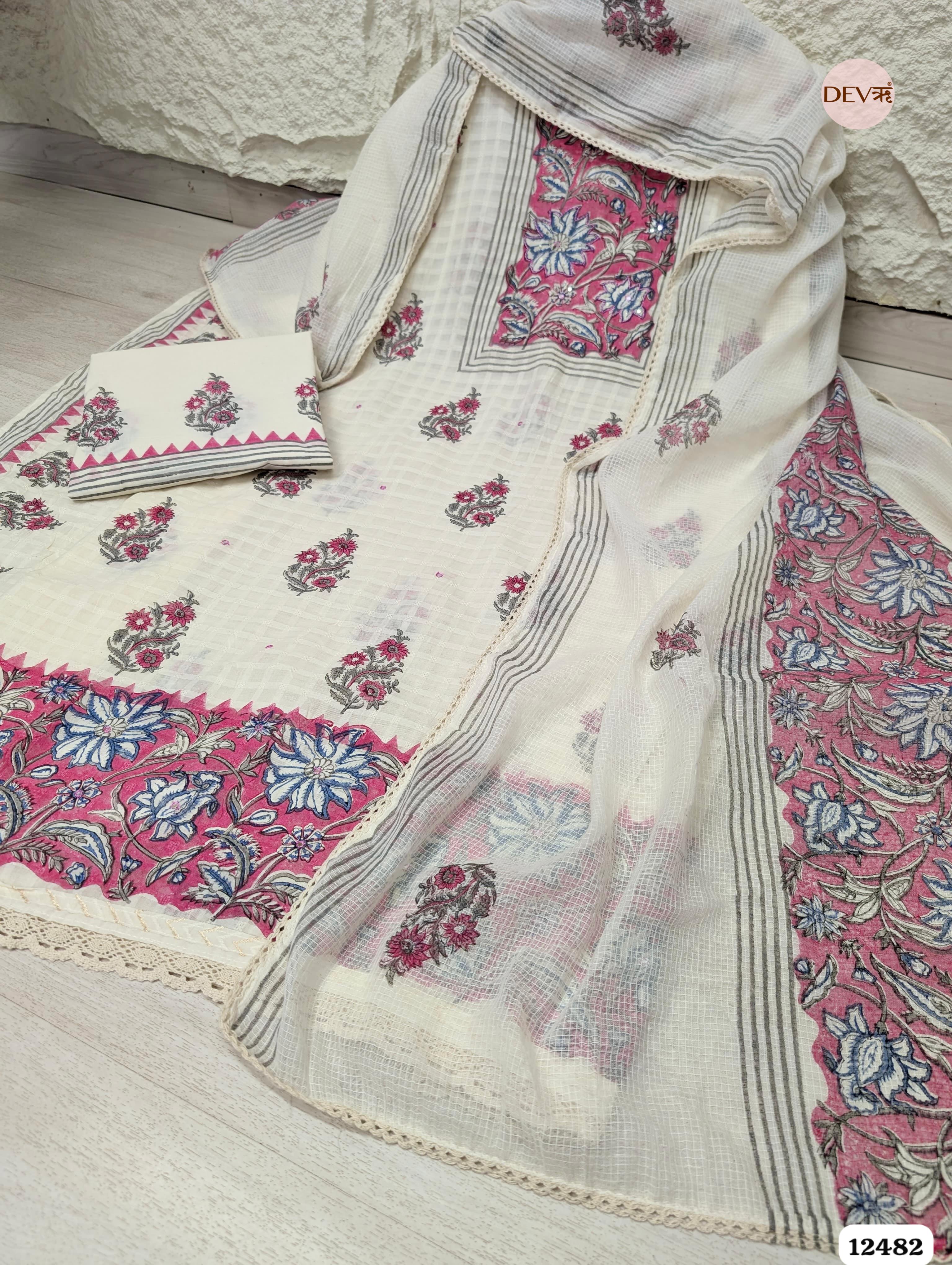 white & Pink Pure Cotton Printed Unstitched 3-Piece Suit (Devri – D.No 12482)