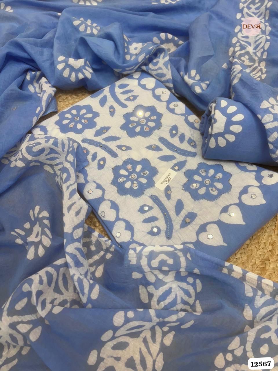 Blue Cotton Printed Unstitched 3-Piece Suit (Devri – D.No 12567)