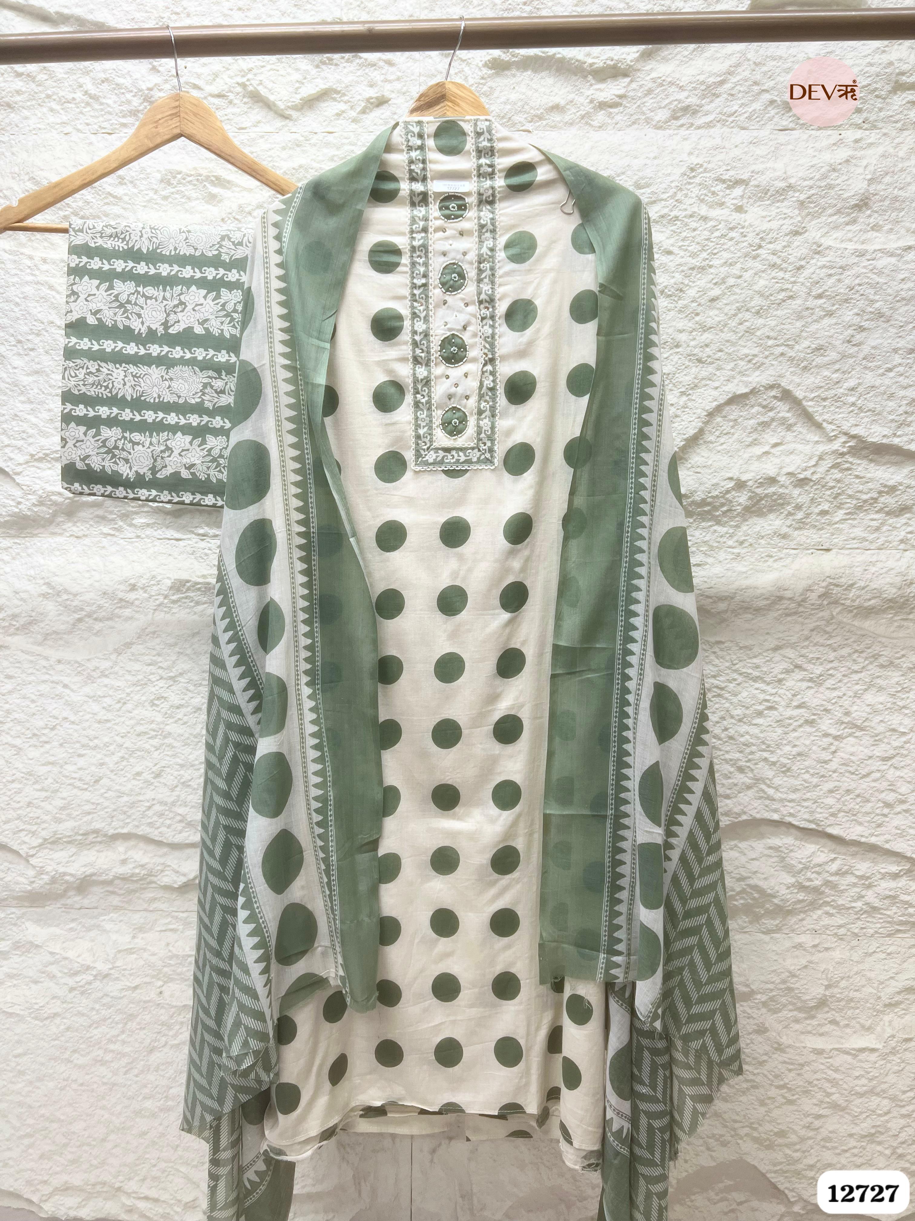 Sage Green Cotton Printed Unstitched 3-Piece Suit (Devri – D.No 12727)