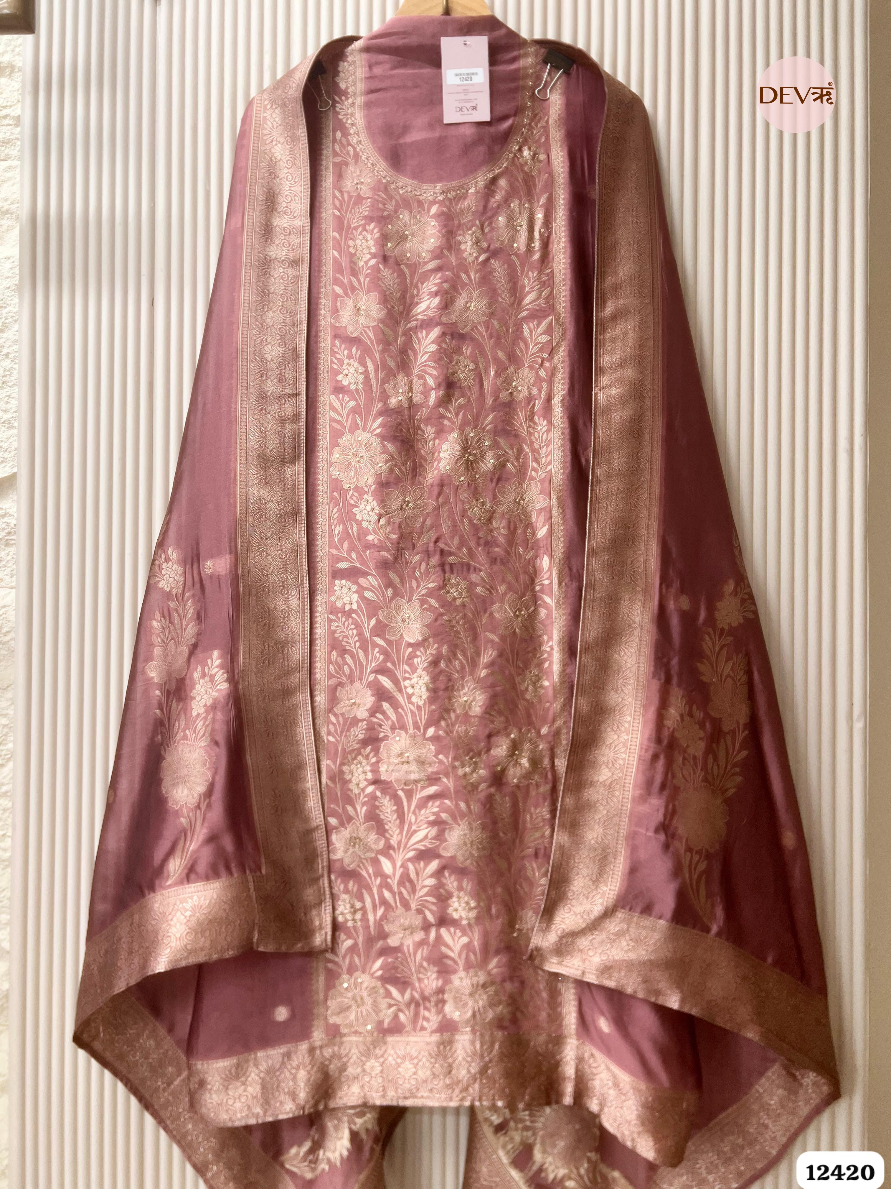 Dusty Rose Banarasi Silk Embroidered Unstitched 3-Piece Suit (Devri – D.No . 12420)