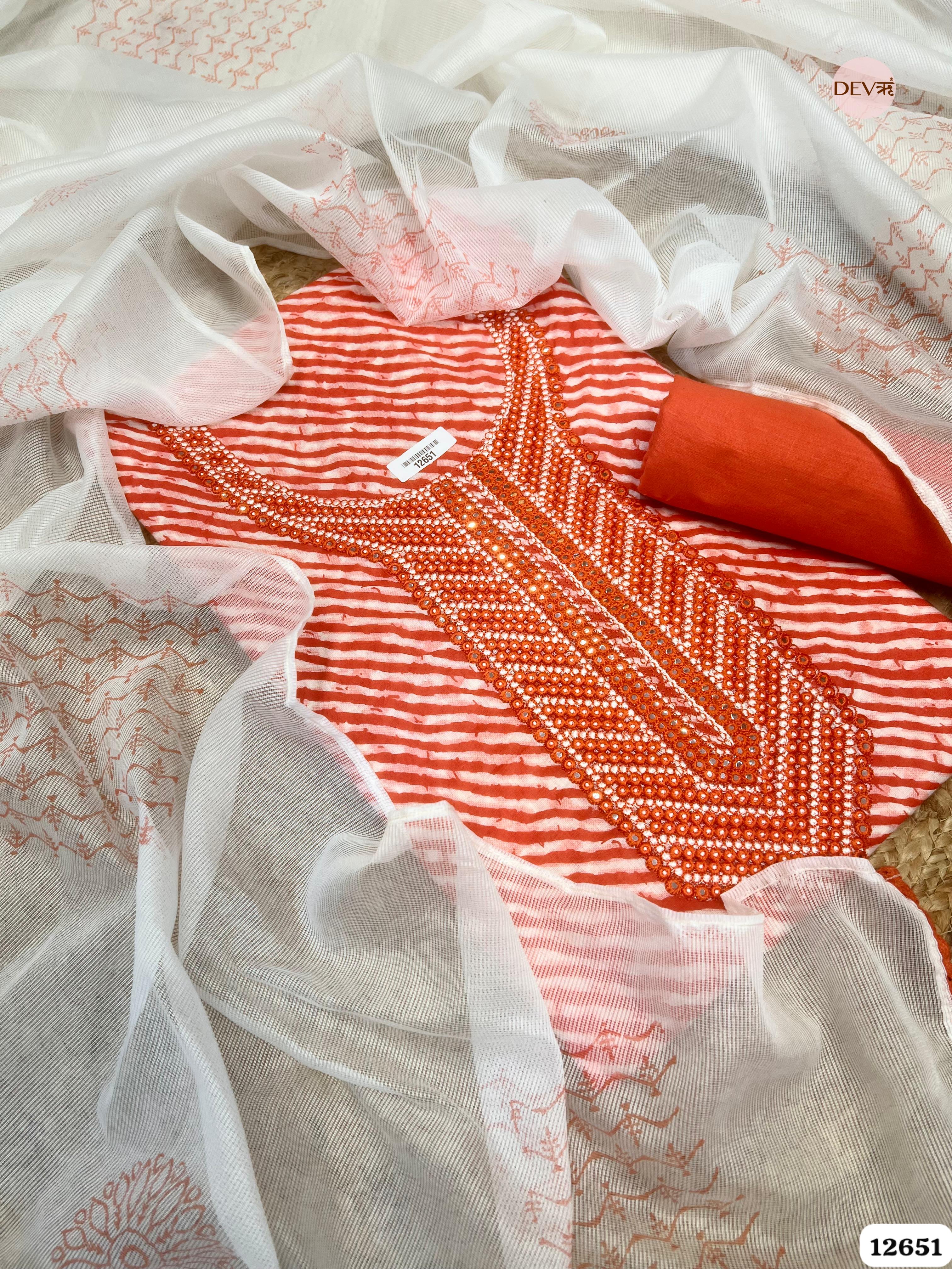 Red Cotton Printed Unstitched 3-Piece Suit with Net Dupatta (Devri – D.No 12651)