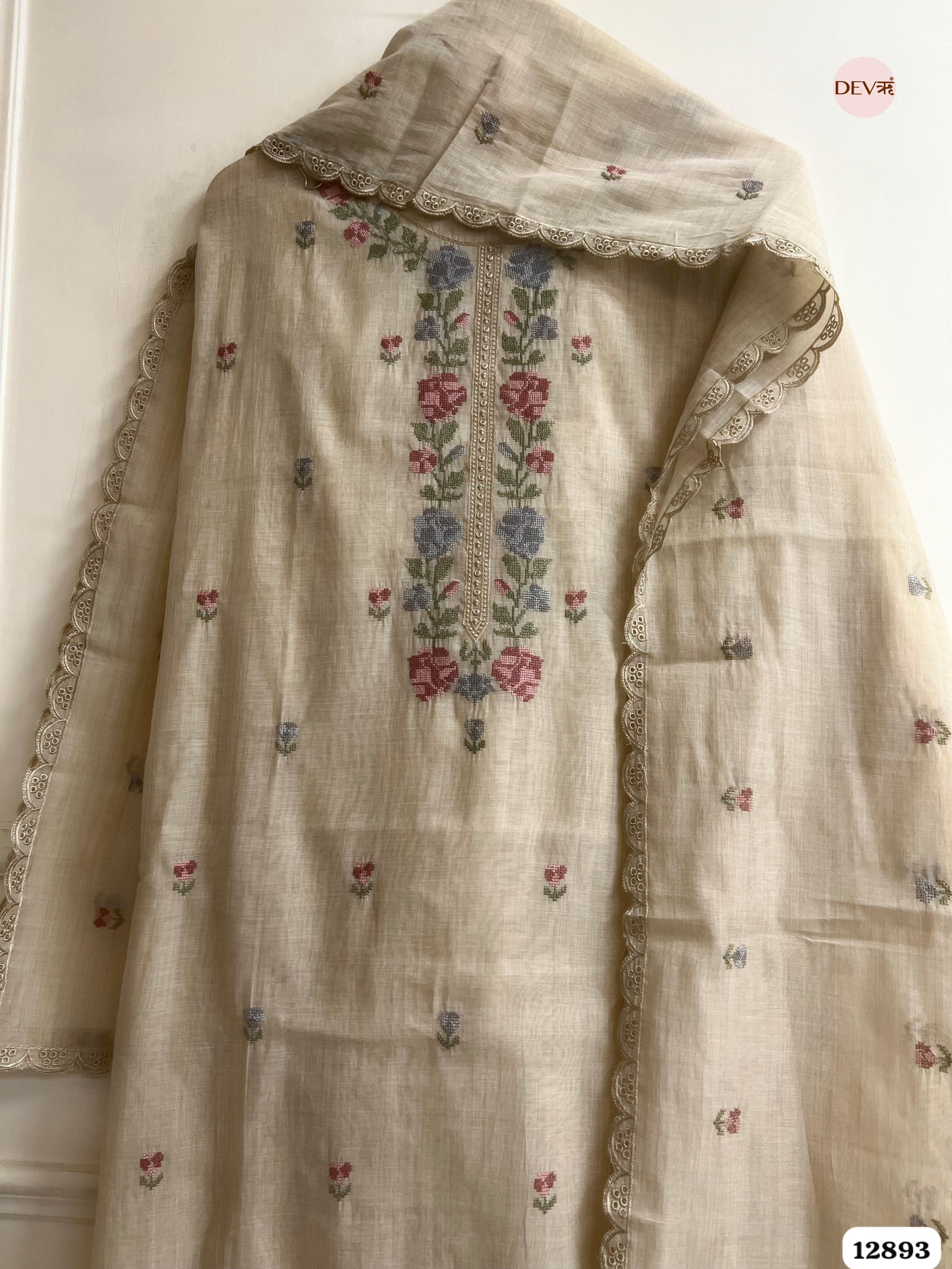 Beige Mul Chanderi Embroidered Unstitched 3-Piece Suit (Devri – D.No 12893)