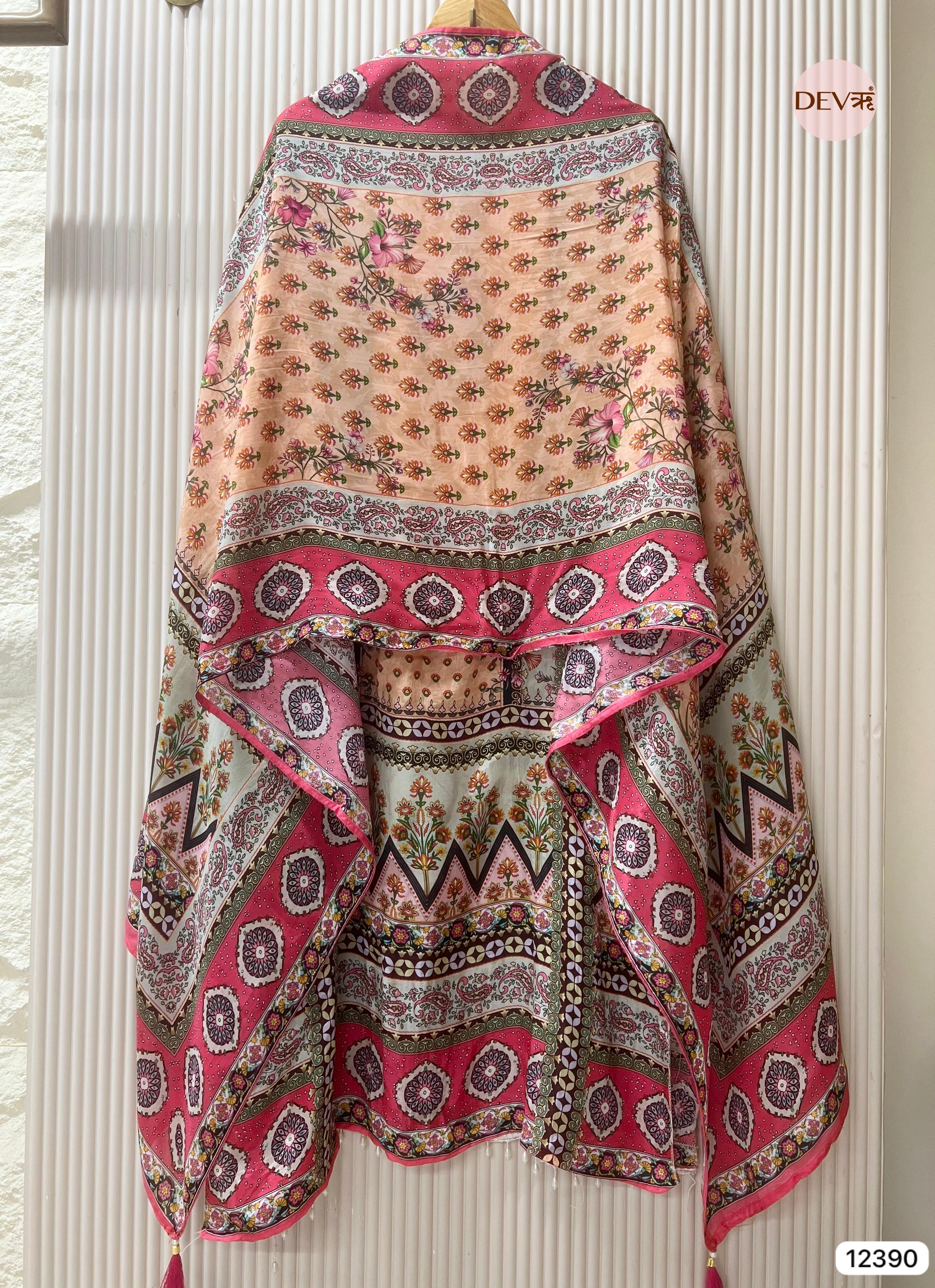 Peach Muslin Printed Unstitched 3-Piece Suit (Devri – D.No 12390)