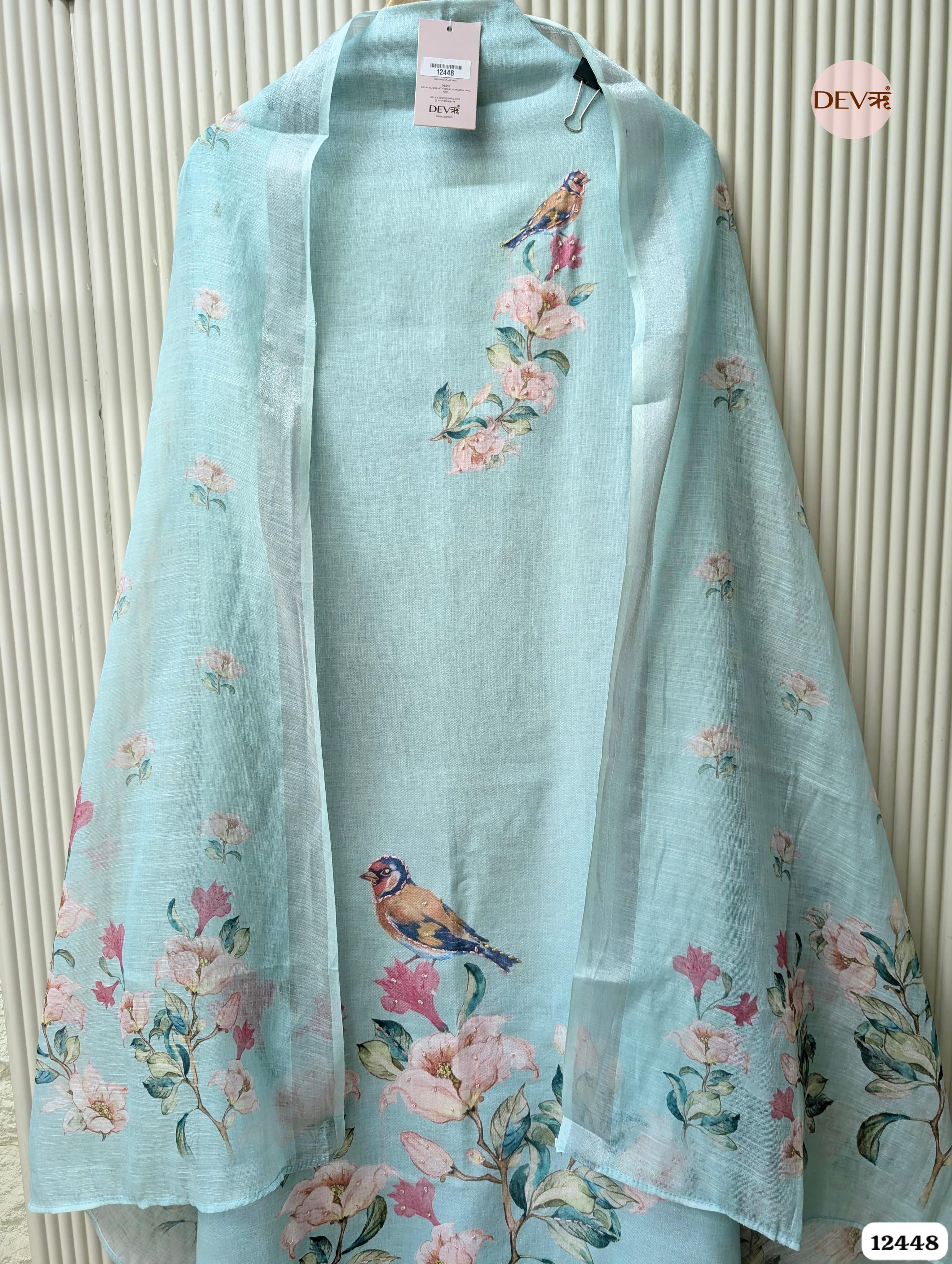 Aqua Blue Linen Cotton Printed Unstitched 3-Piece Suit (Devri – D.No.12448)