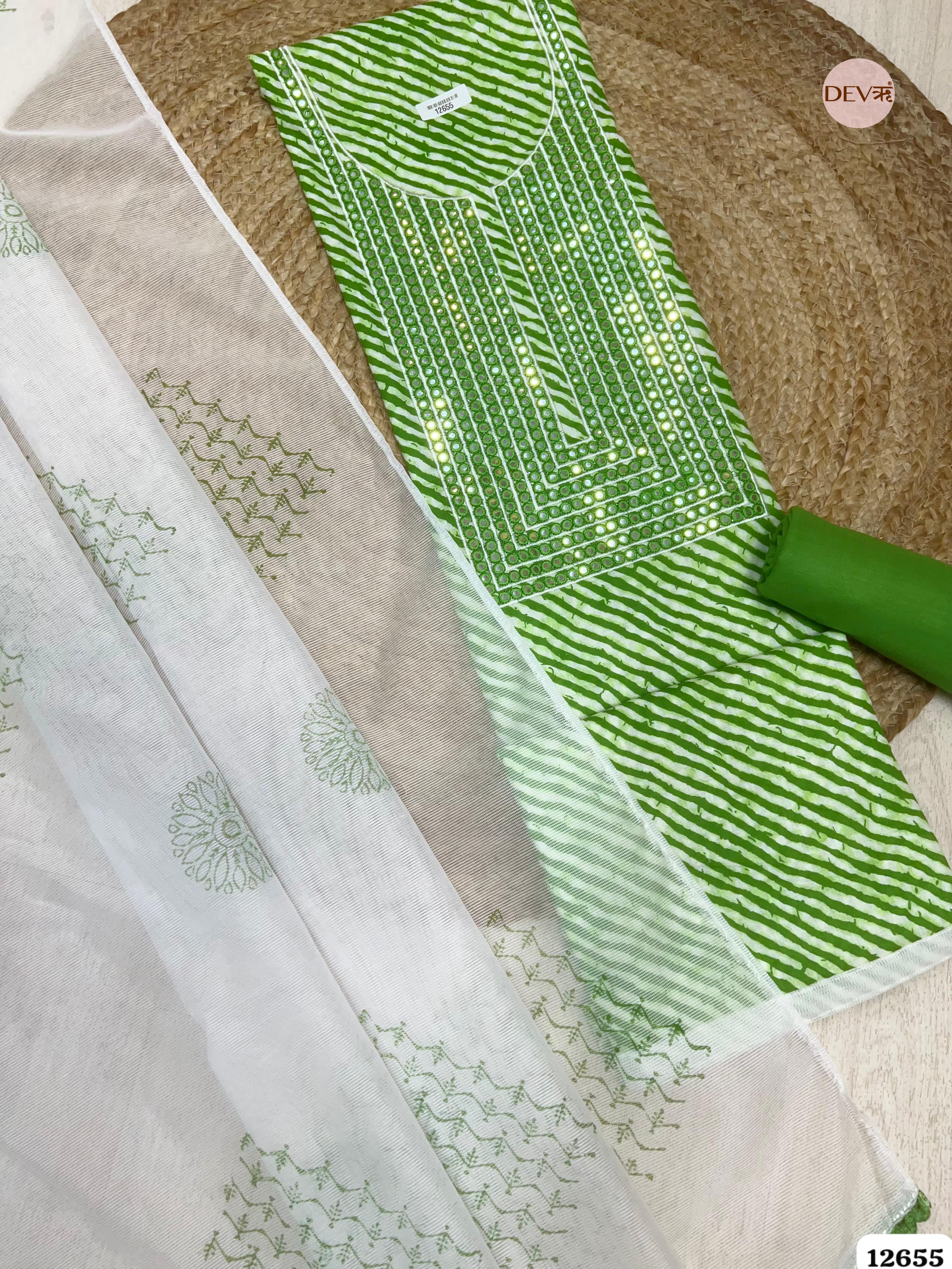 Green Cotton Leheriya Printed & Embroidered 3-Piece Suit