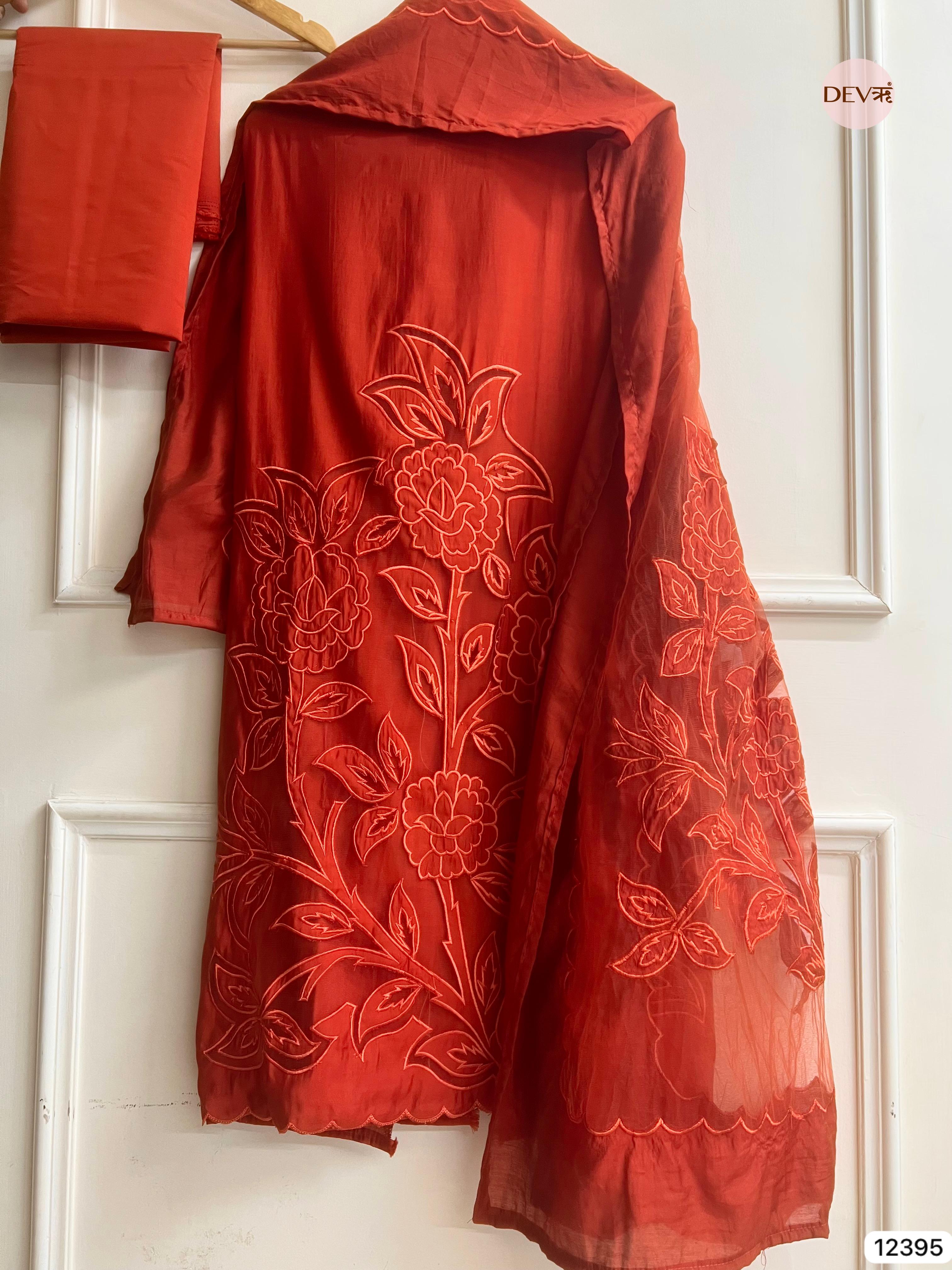 Rust Modal Silk Embroidered Unstitched 3-Piece Suit (Devri – D.No 12395)