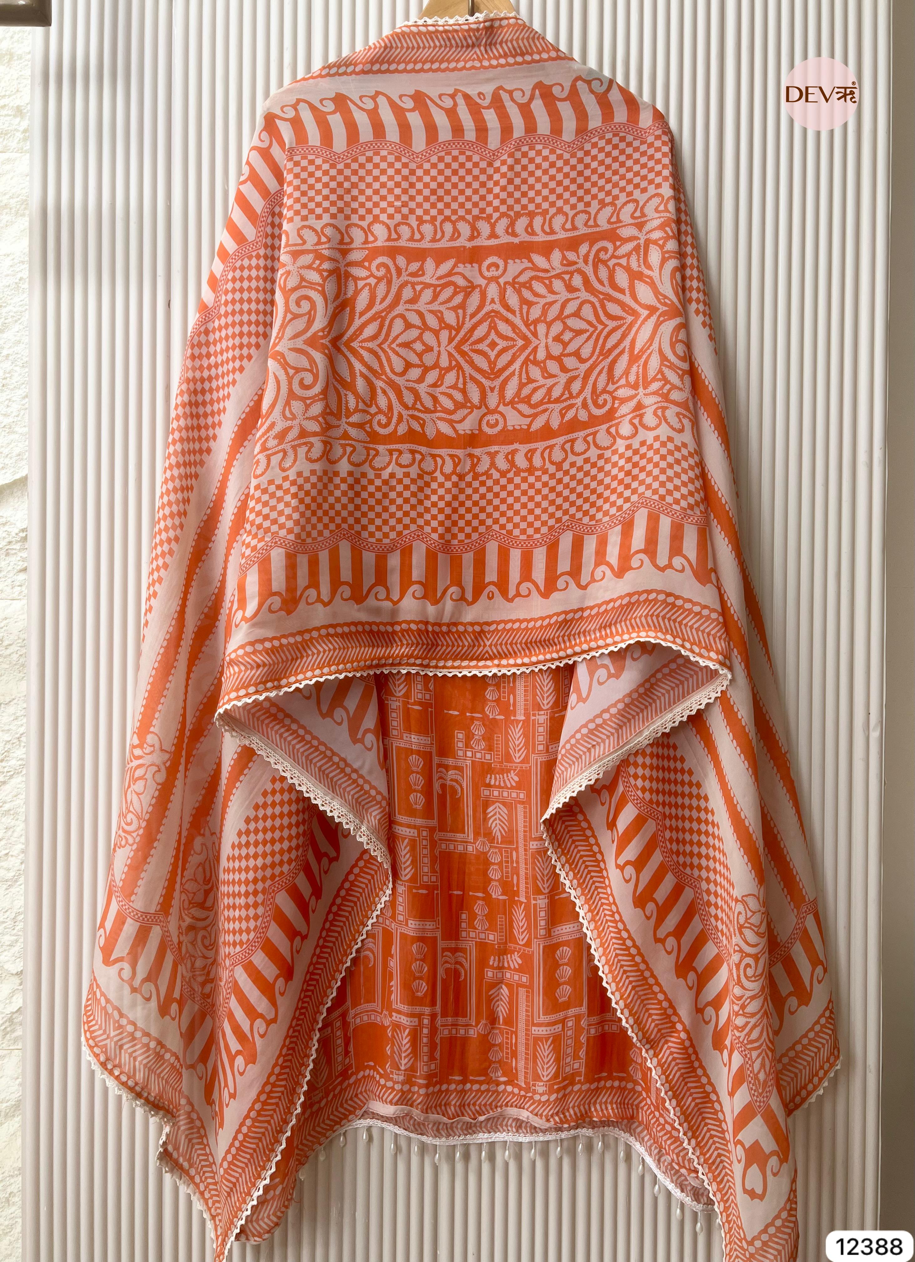 Orange Organza Embroidered Unstitched 3-Piece Suit (Devri – D.No 12388)