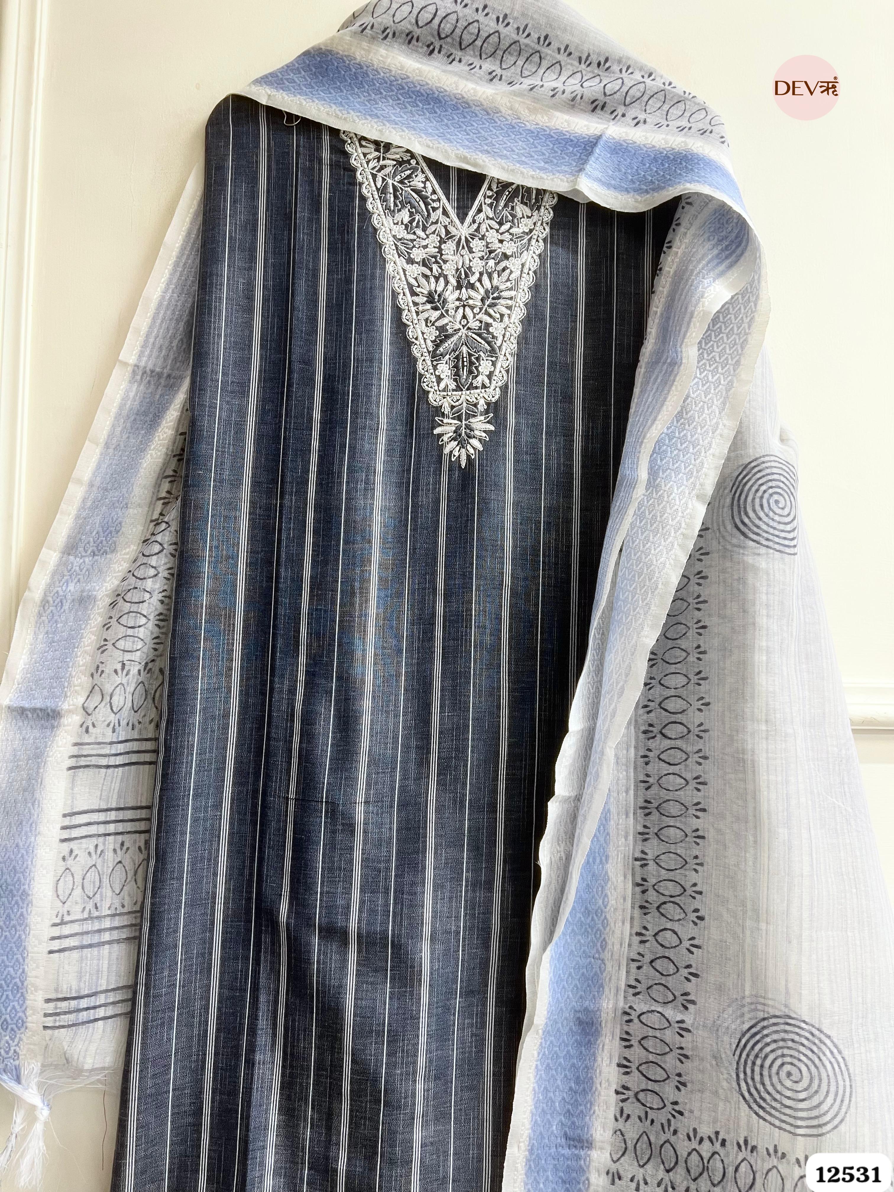Navy Blue Handloom Cotton Embroidered Unstitched 3-Piece Suit (Devri – D.No 12531)