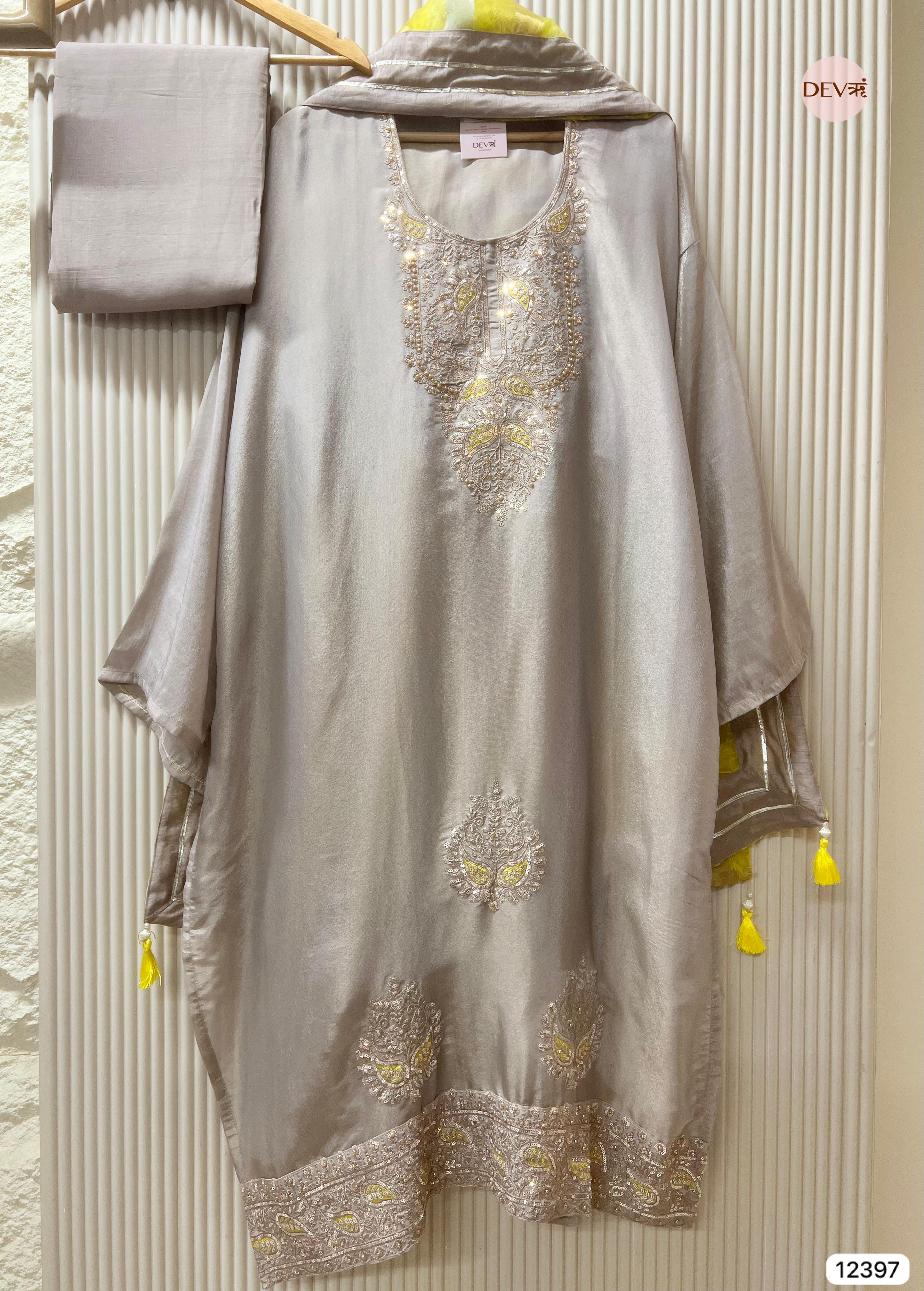 Soft Grey Shimmer Silk Embroidered Unstitched 3-Piece Suit (Devri – D.No 12397)
