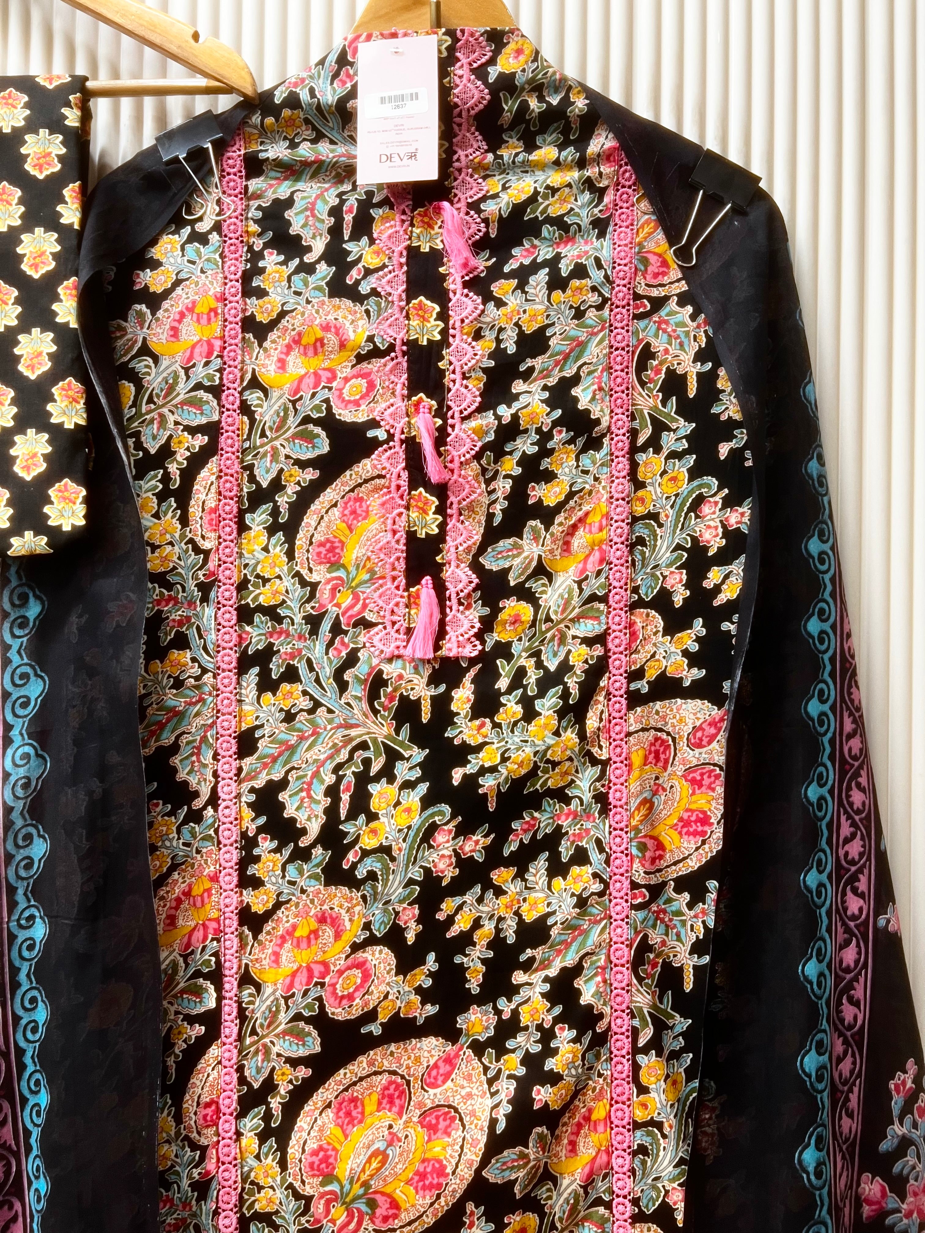 Black Cotton Floral Printed Unstitched 3-Piece Suit (Devri – D.No 12637)