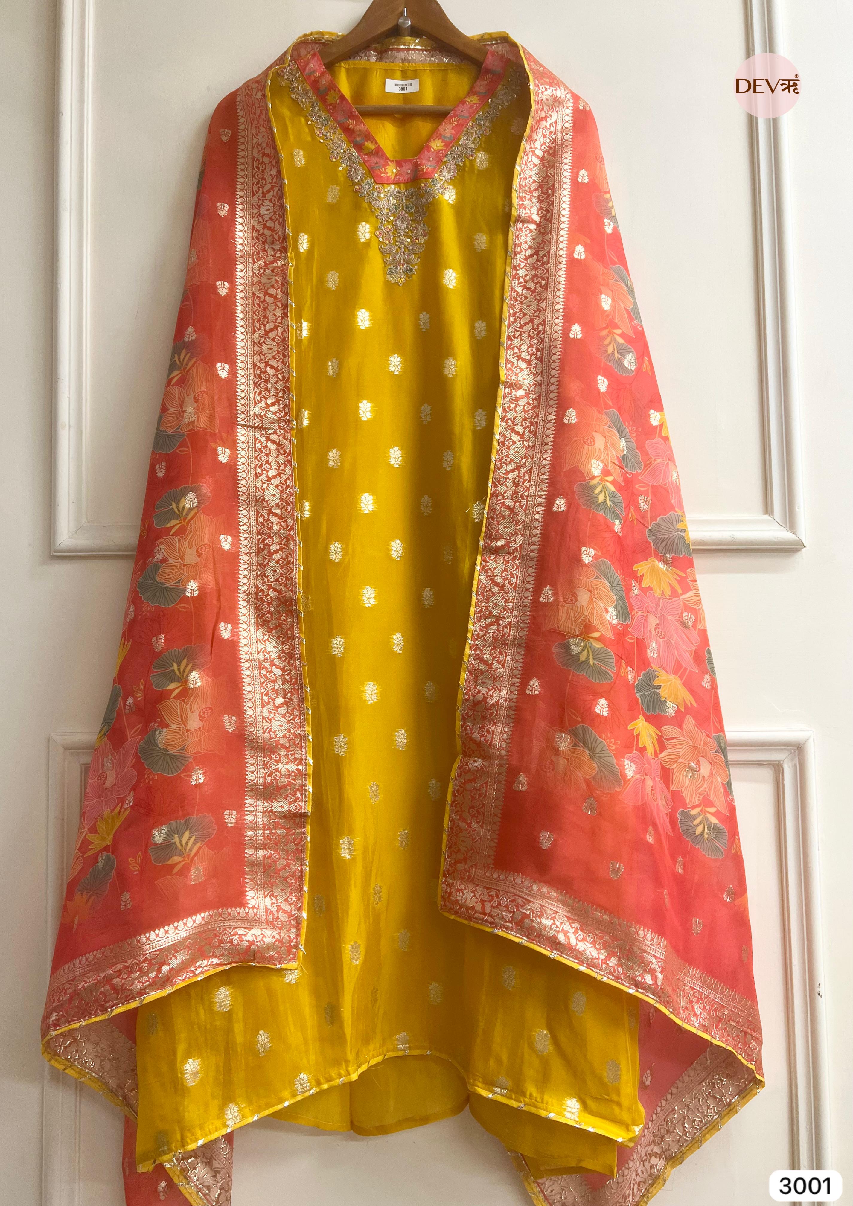 Yellow Organza Embroidered Unstitched 3-Piece Suit (Devri – D.No 3001)