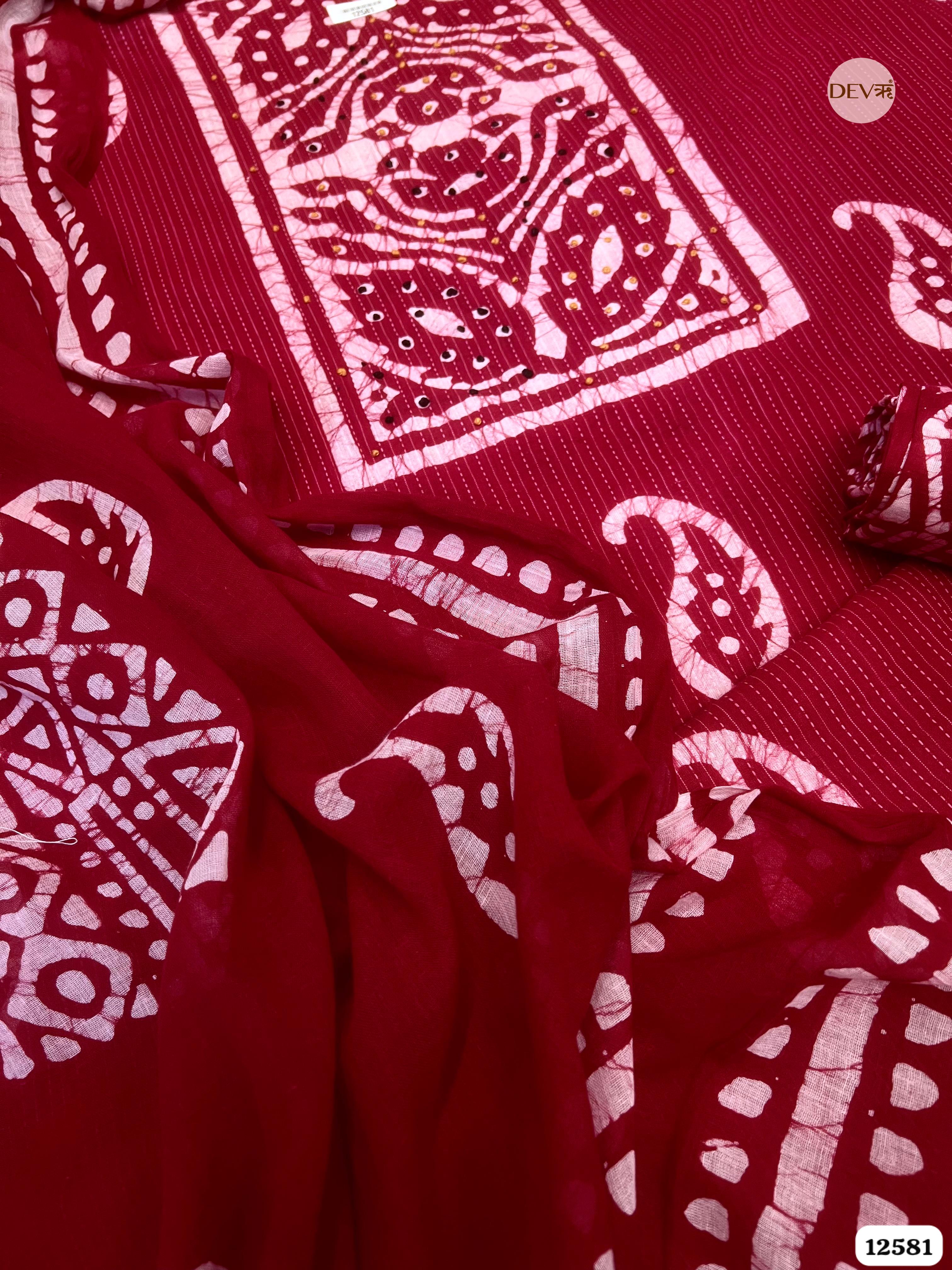 Red Cotton Batik Printed Unstitched 3-Piece Suit (Devri – D.No 12581)